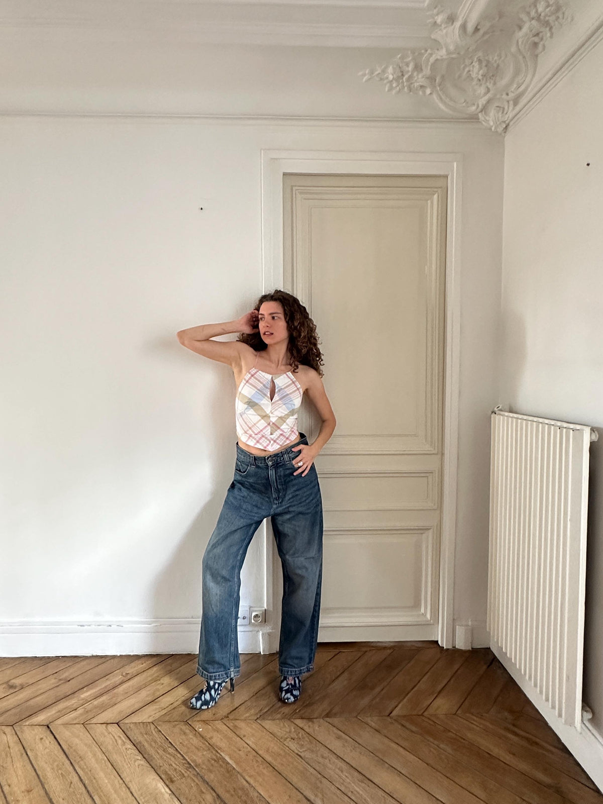 Vintage Sisley Check Cotton Crop Halter Top in Pink