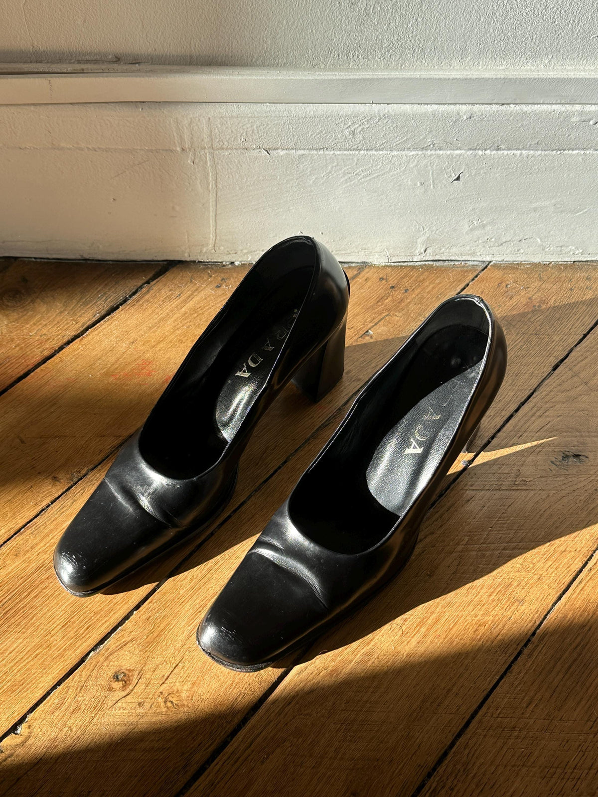 Vintage Prada Black Leather Block Heel Pumps | EU 38