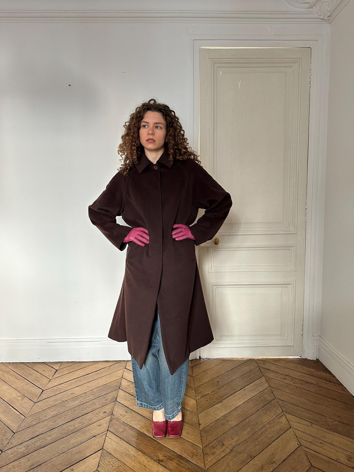 Vintage Les Copains Long Wool Angora Cashmere Coat in Chocolate Brown