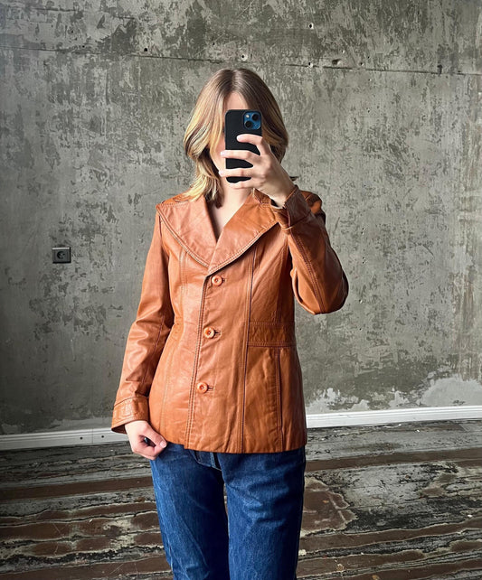 Vintage slim fit button closure leather blazer in orange brown
