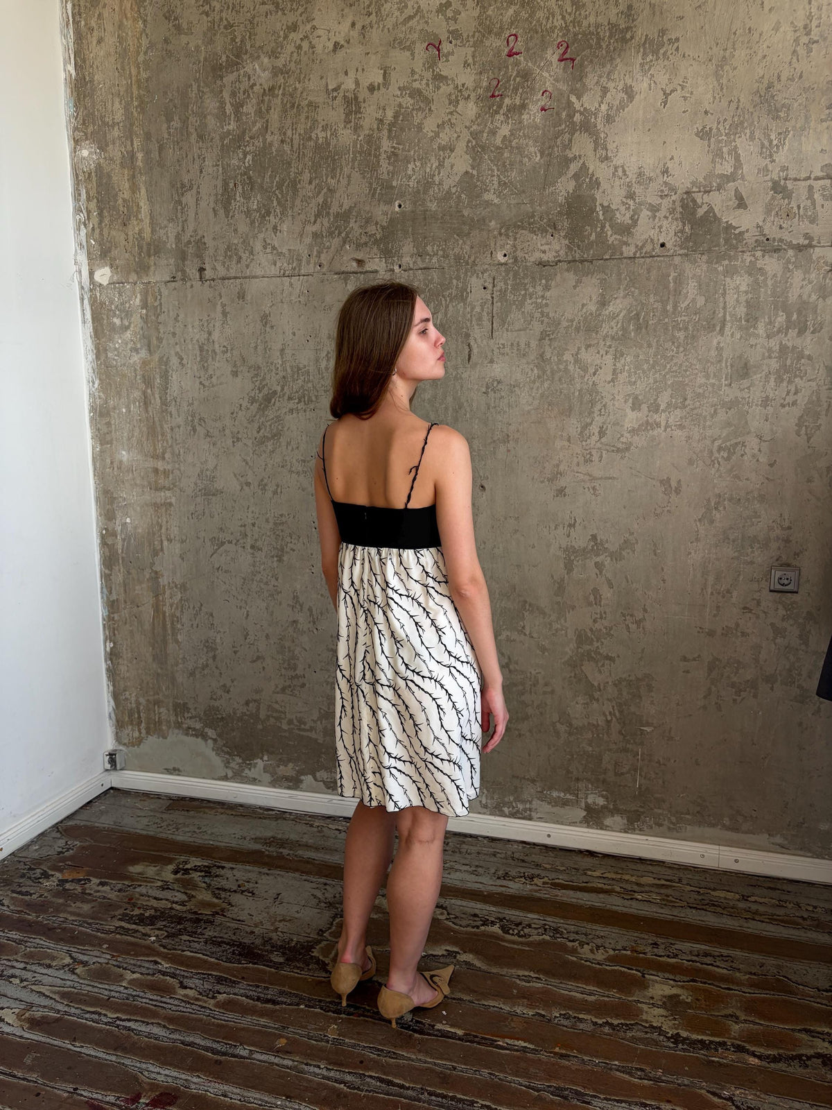 Vintage Balenciaga Branch Halter Dress in Black and White | Nicolas Ghesquière Era Silk Dress