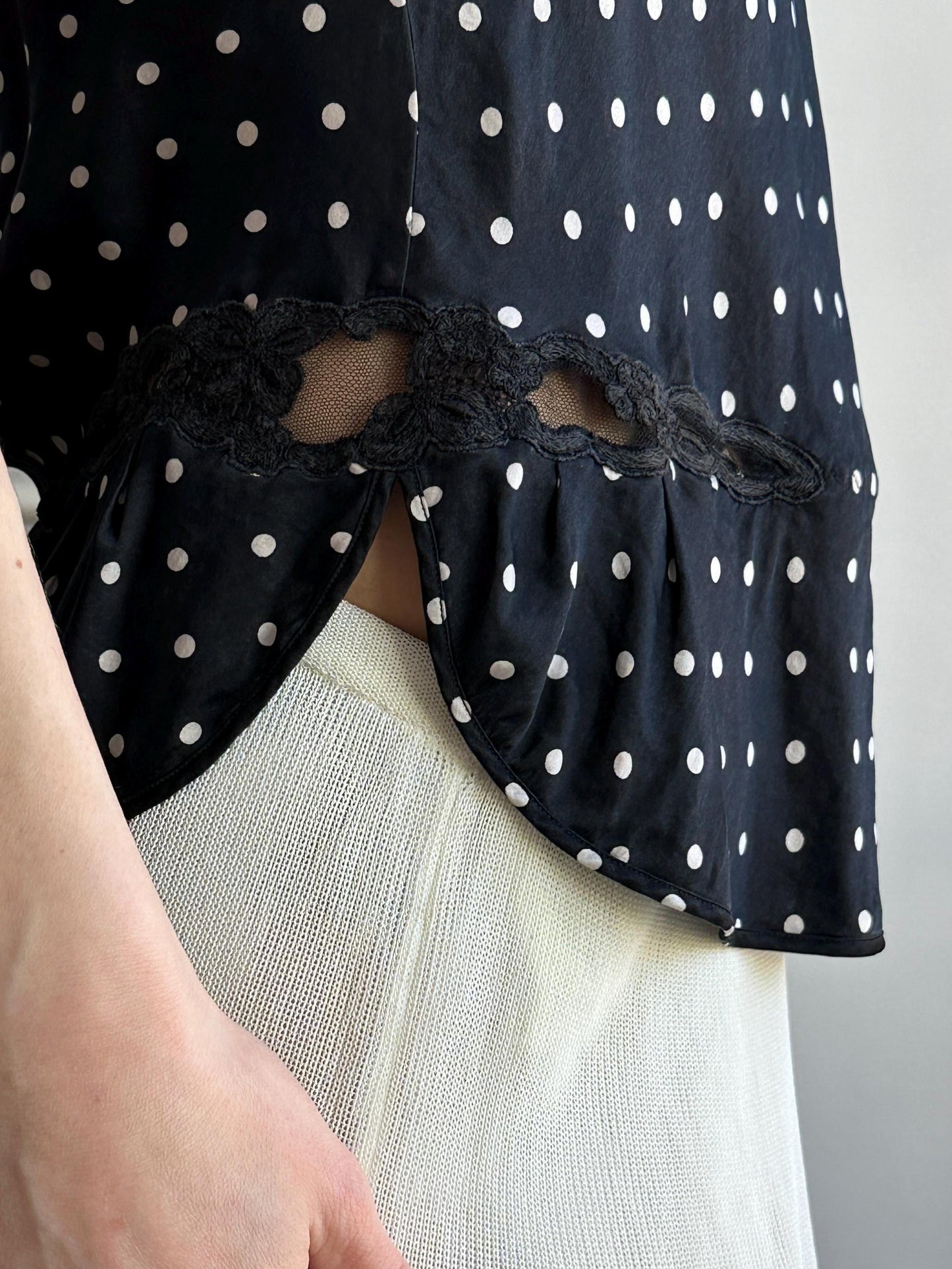 Vintage Pure Silk Polka Dot Nightie Top in Black