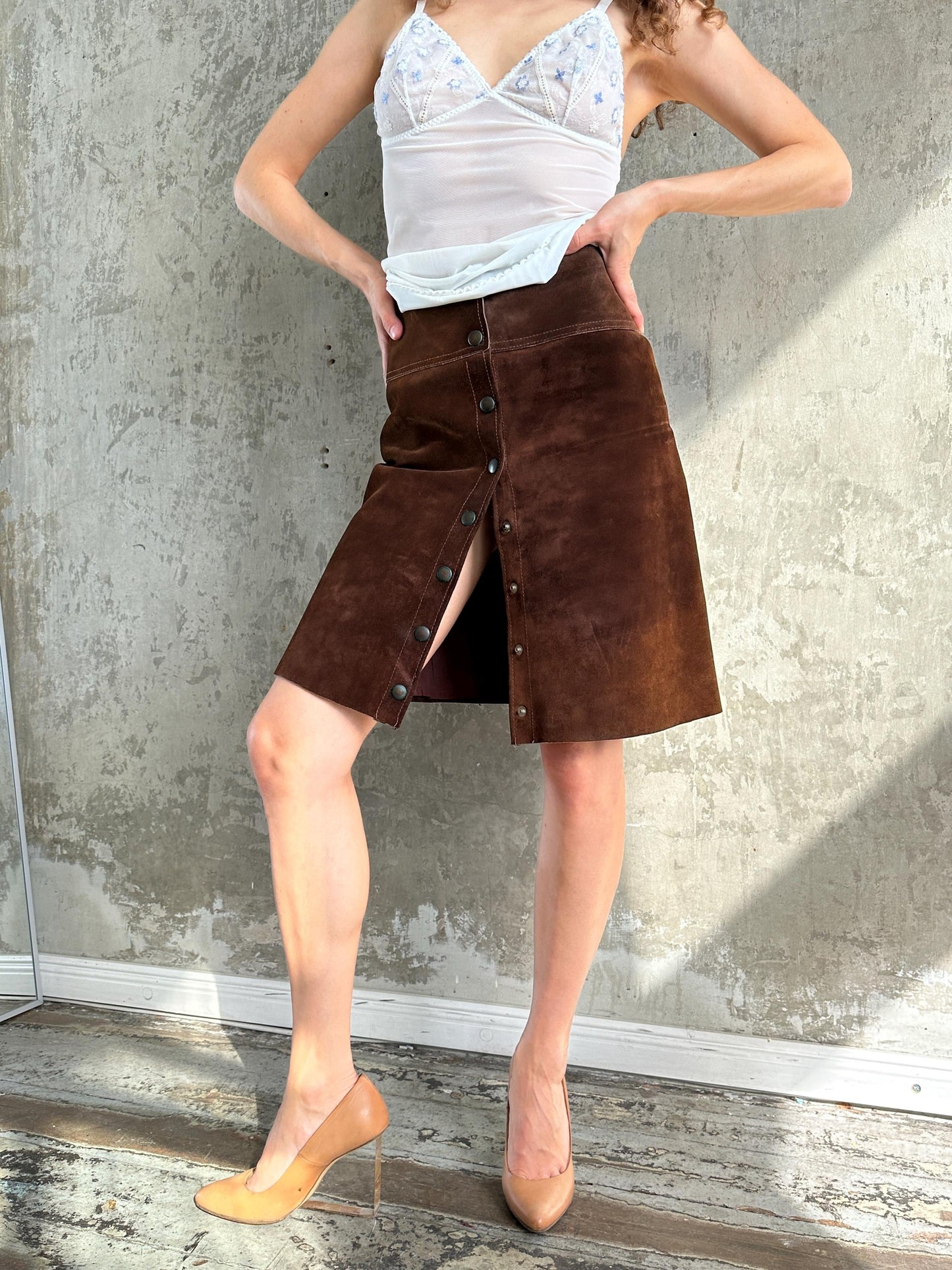 Vintage 70s Brown Suede Snap Button Mini Skirt