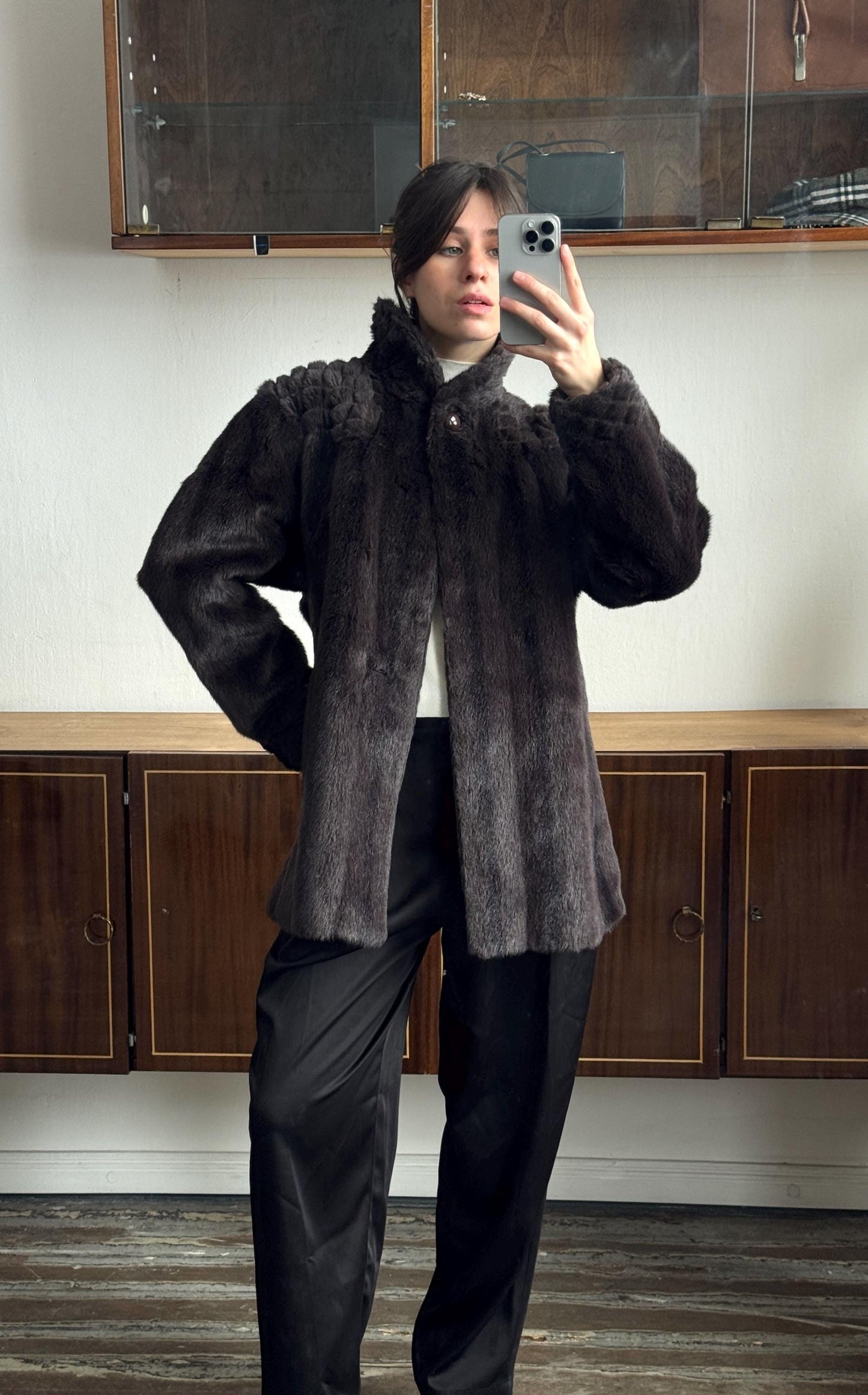 Vintage 90s Oversized Faux-Fur Mini Coat In Brown