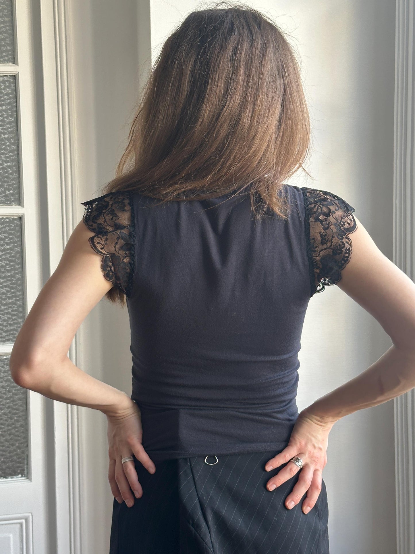 Vintage D&G Black Graphic Ruffled Lace Trim Top