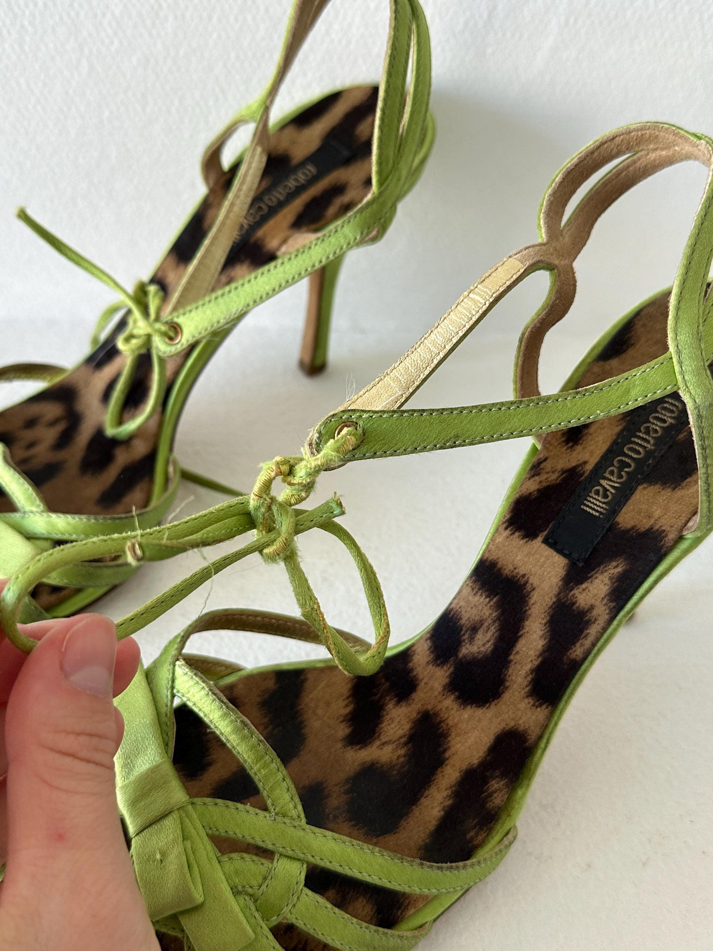 Roberto Cavalli Lime Green Metallic Satin Strappy Heels I EU 38