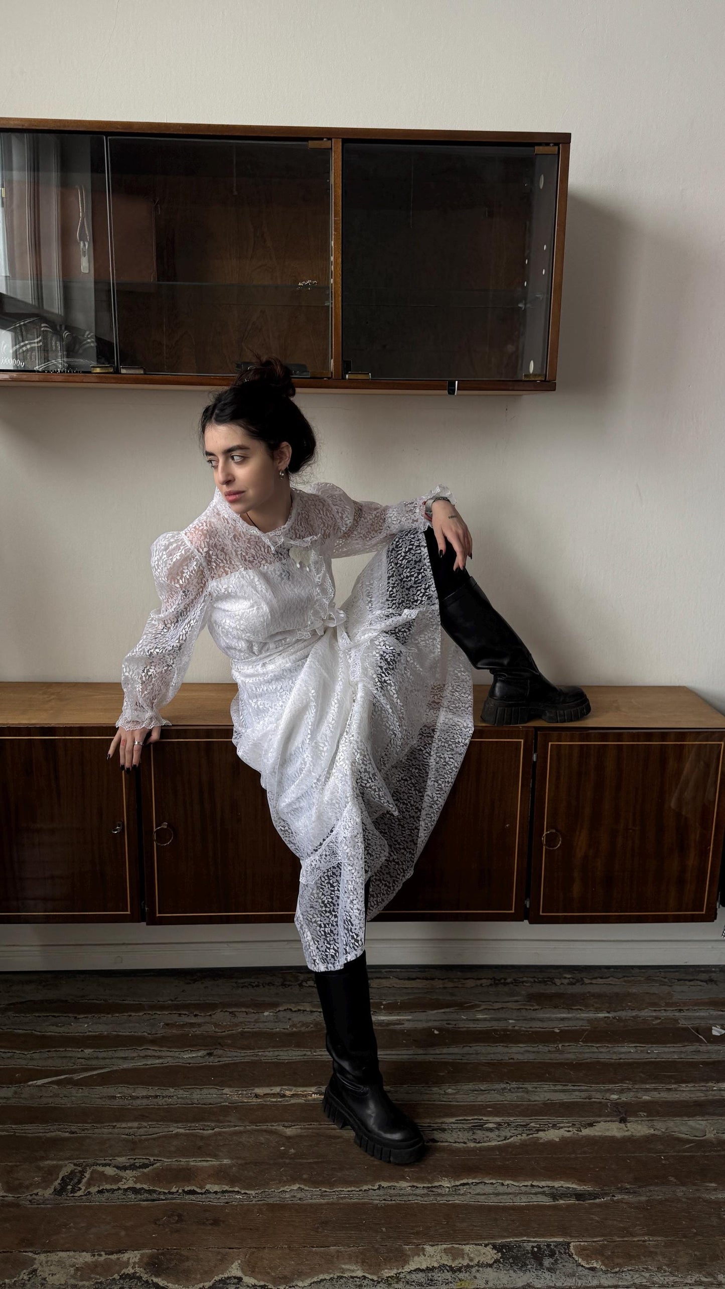 Vintage 70s silk bridal lace dress in white