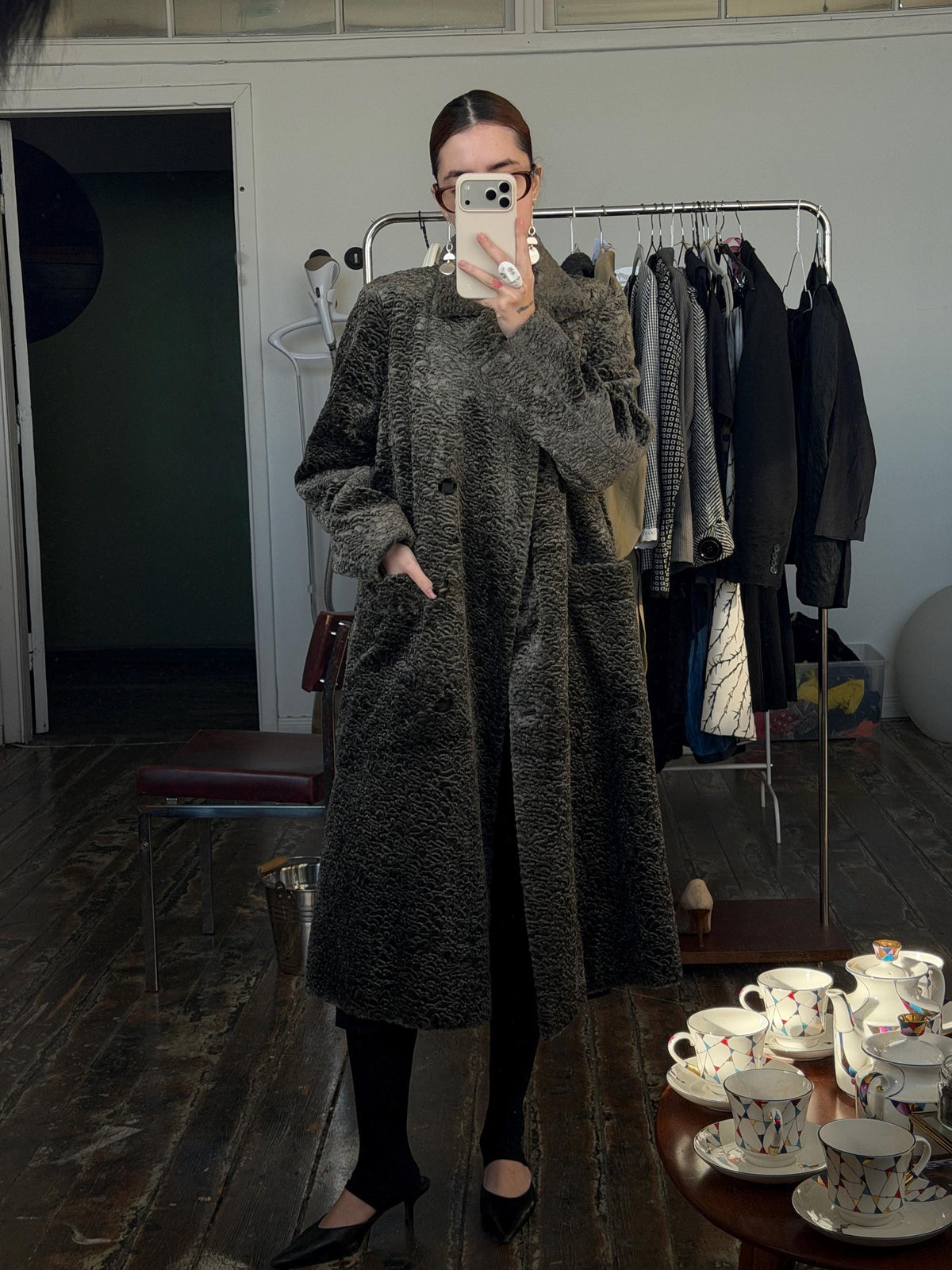 Vintage 80s Astrakhan Long Winter Coat in Grey