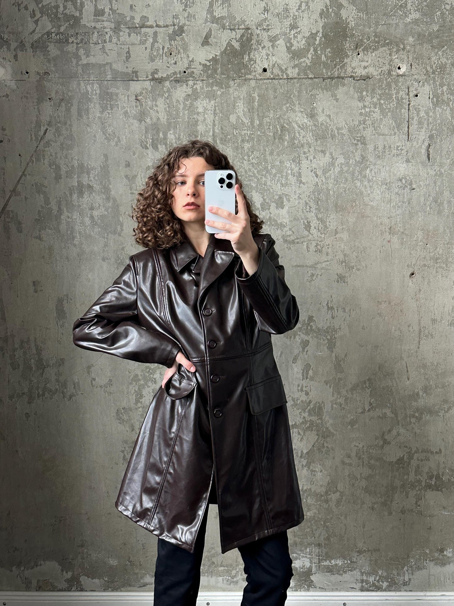 Vintage faux leather coat in dark brown