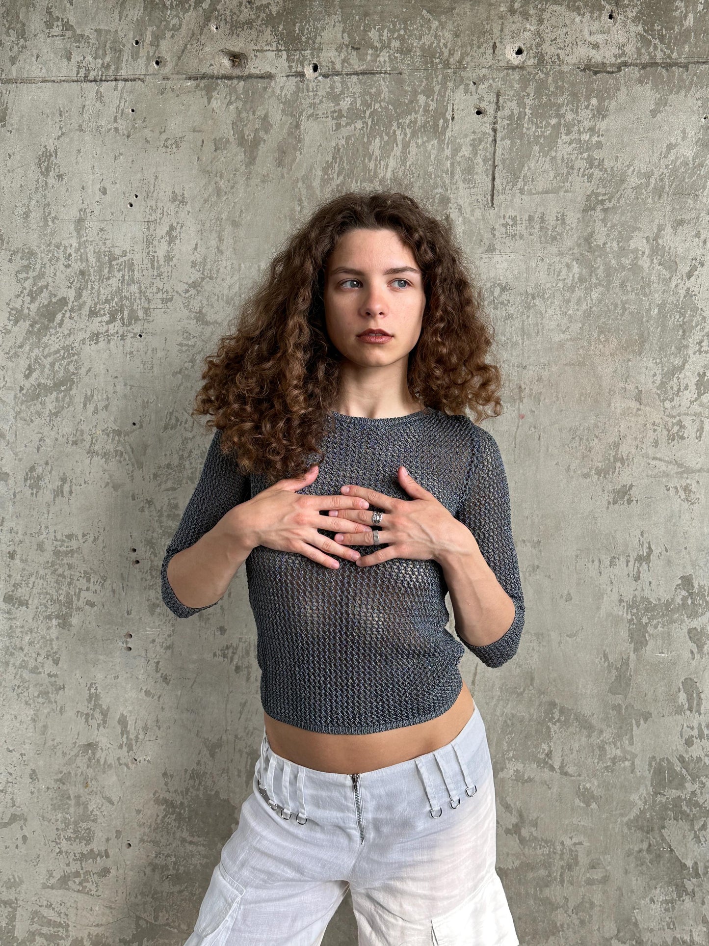 Vintage Max&Co Tricot Grey Open Mesh Knit Top | Sheer Crochet Net Top