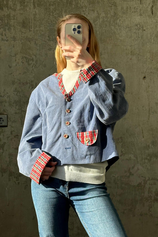 Vintage cotton oversized jacket with print in blue