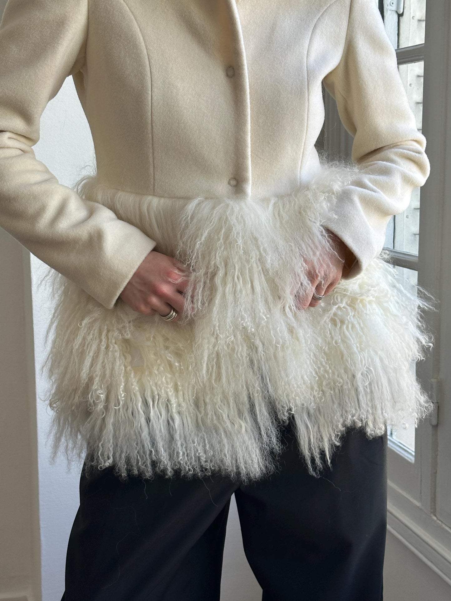 Vintage Y2K Ivory Wool Short Coat with Tibetan Lamb Fur Hem