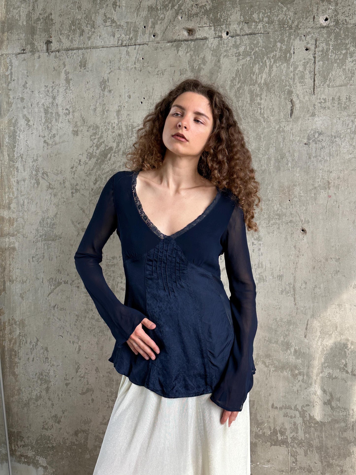 Vintage Navy Blue Sheer Lace Top