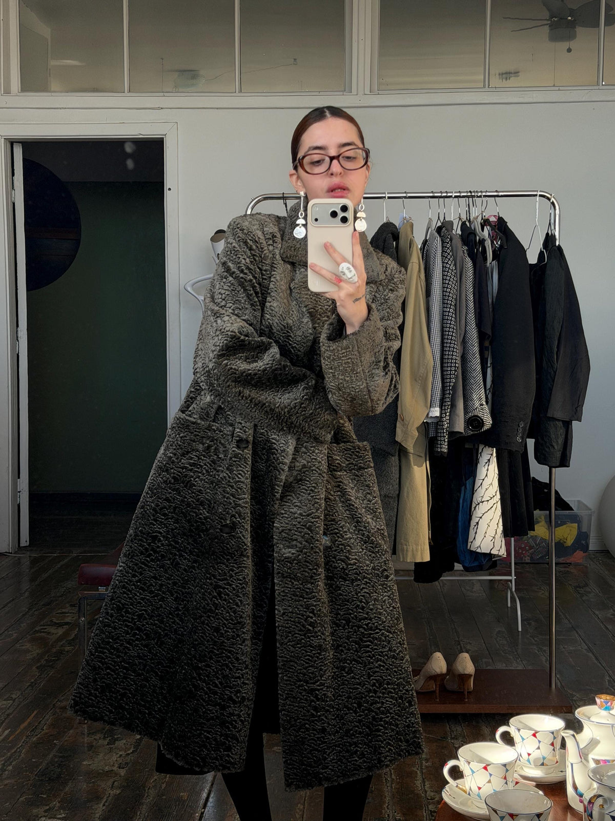Vintage 80s Astrakhan Long Winter Coat in Grey