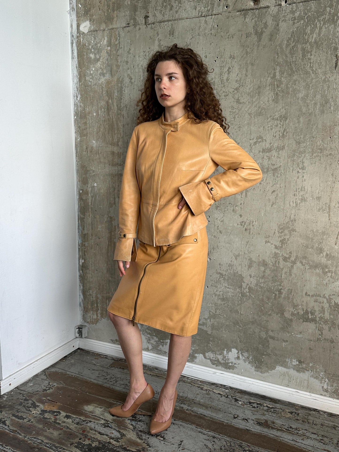 Vintage 90s Camel Tan Leather Suit | Jacket & Zip Skirt Set in Brown
