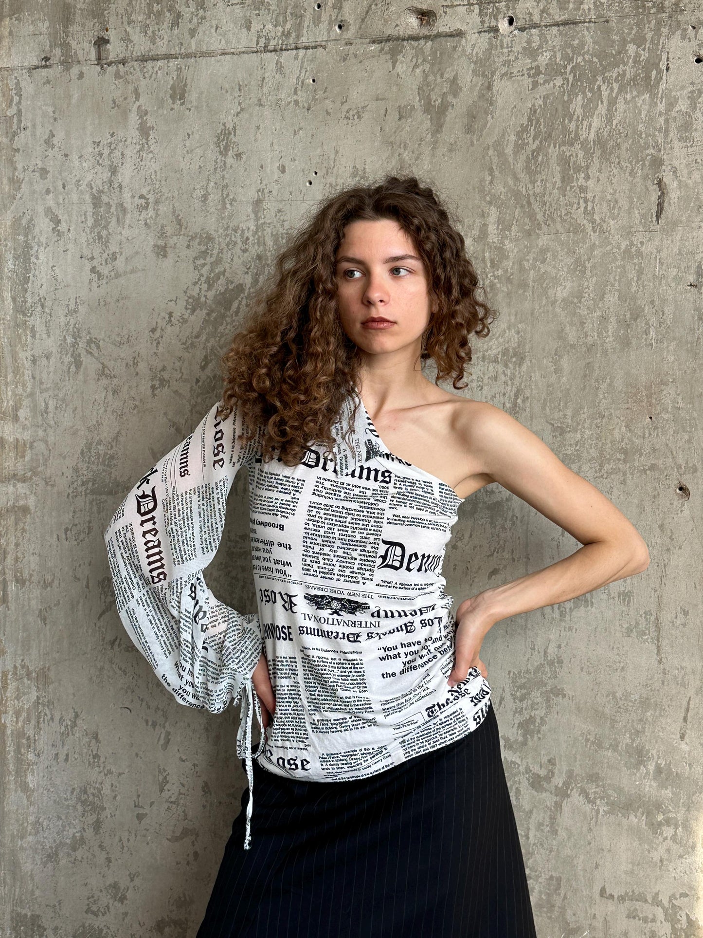 Vintage Denny Rose Newspaper Print One-Shoulder Top in Black and White