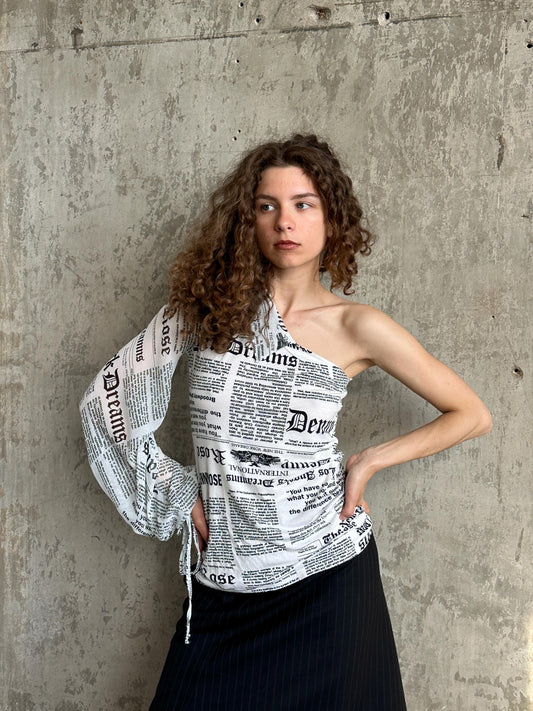 Vintage Denny Rose Newspaper Print One-Shoulder Top in Black and White