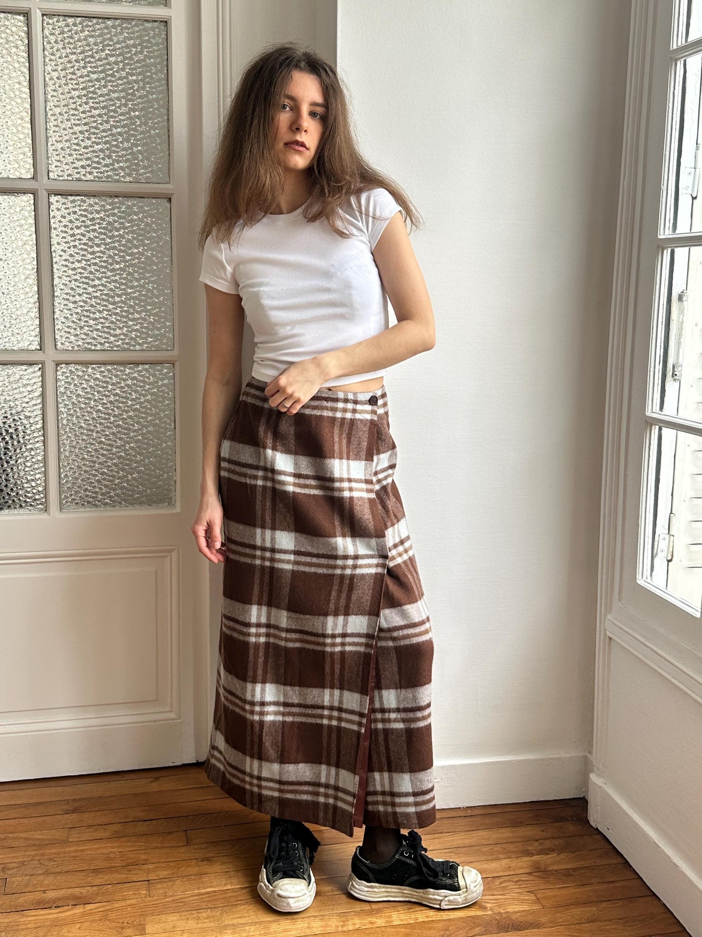 Vintage Plaid Wool Maxi Skirt in Brown