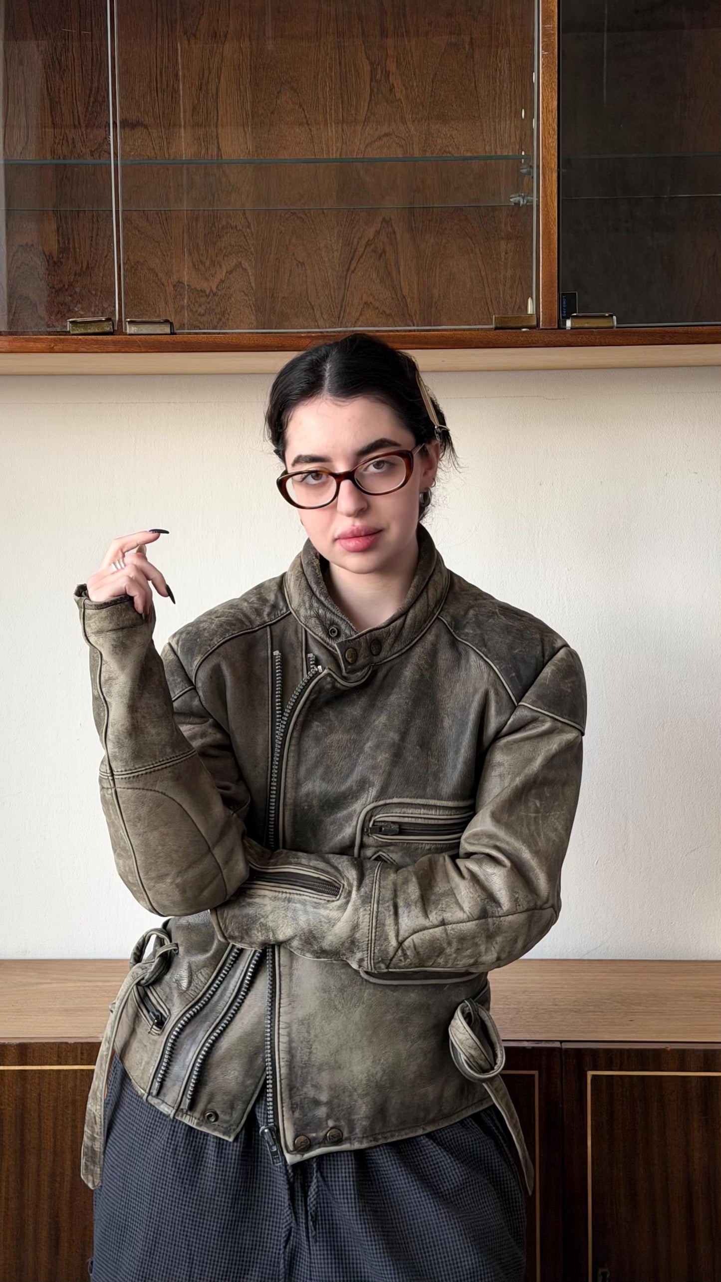 Vintage faded motorcycle leather jacket in brown