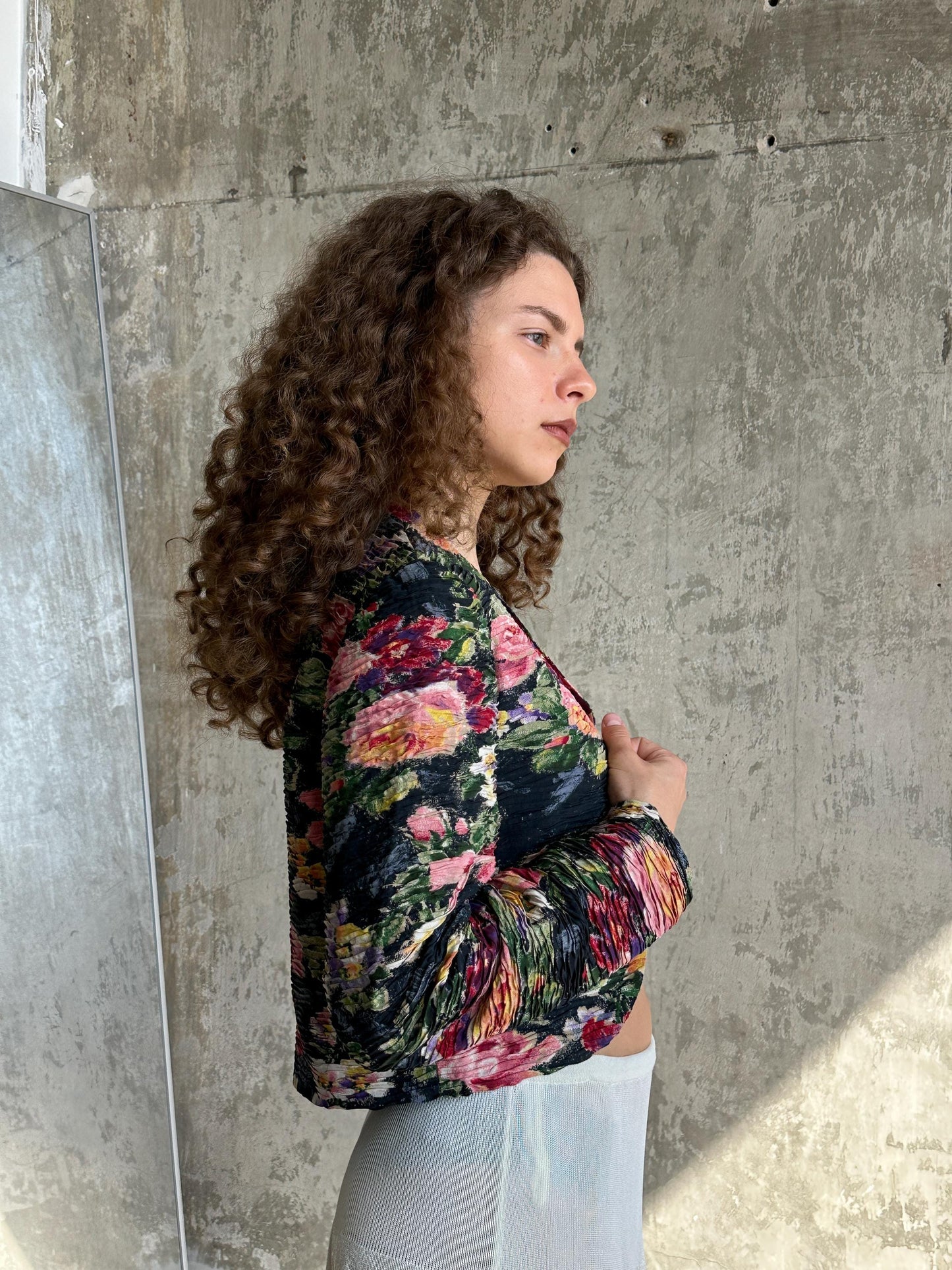 Vintage Max Mara Floral Pleated Bolero Jacket in Green and Pink