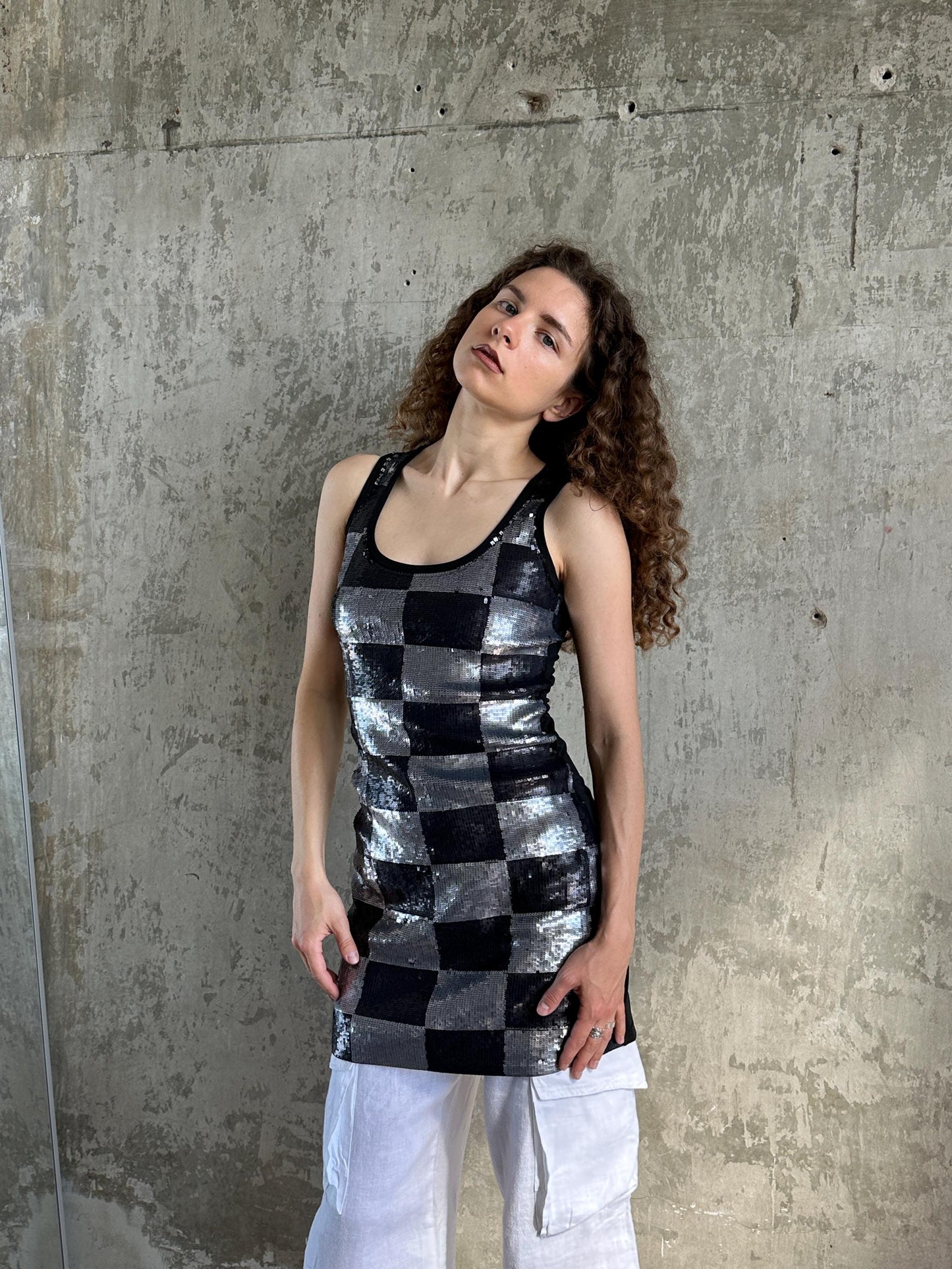 Vintage Silver Black Checkerboard Sequin Mini Dress