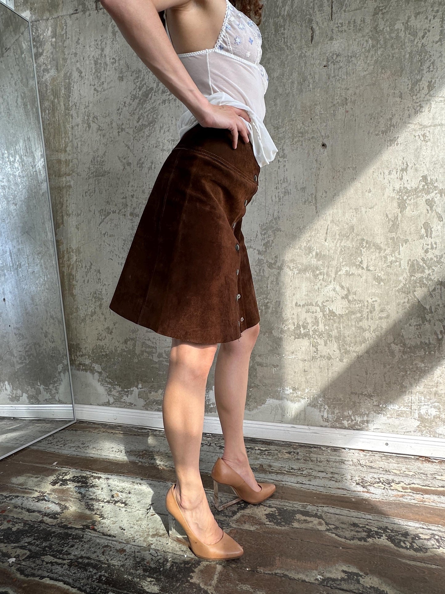 Vintage 70s Brown Suede Snap Button Mini Skirt