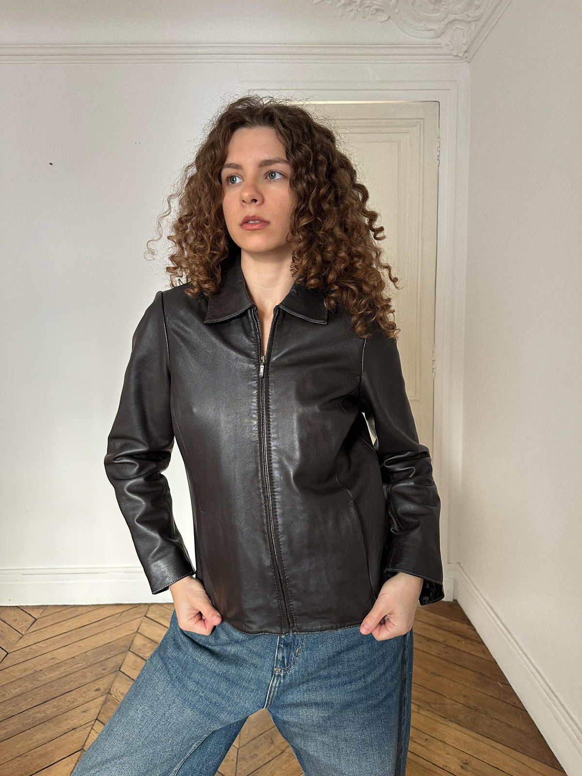 Vintage 90s Dark Brown Zip Boxy Leather Jacket