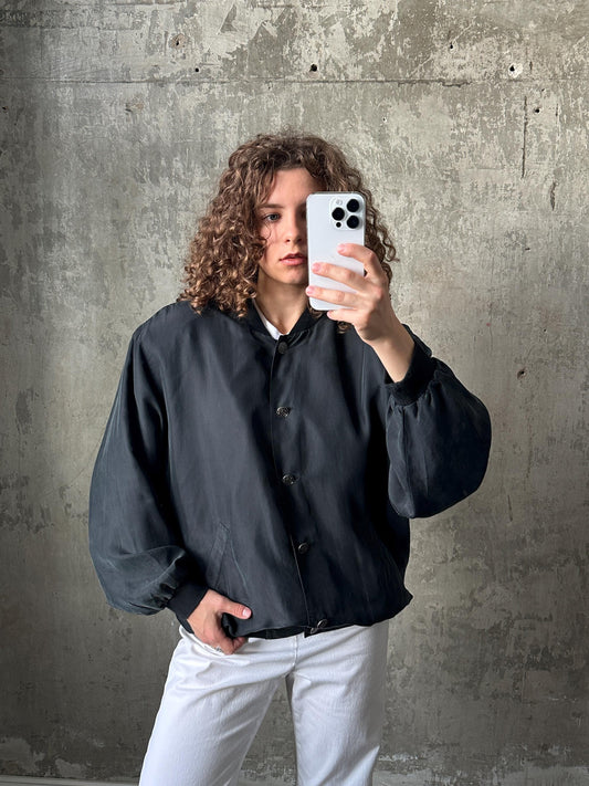 Vintage y2k oversized silk bomber jacket in black