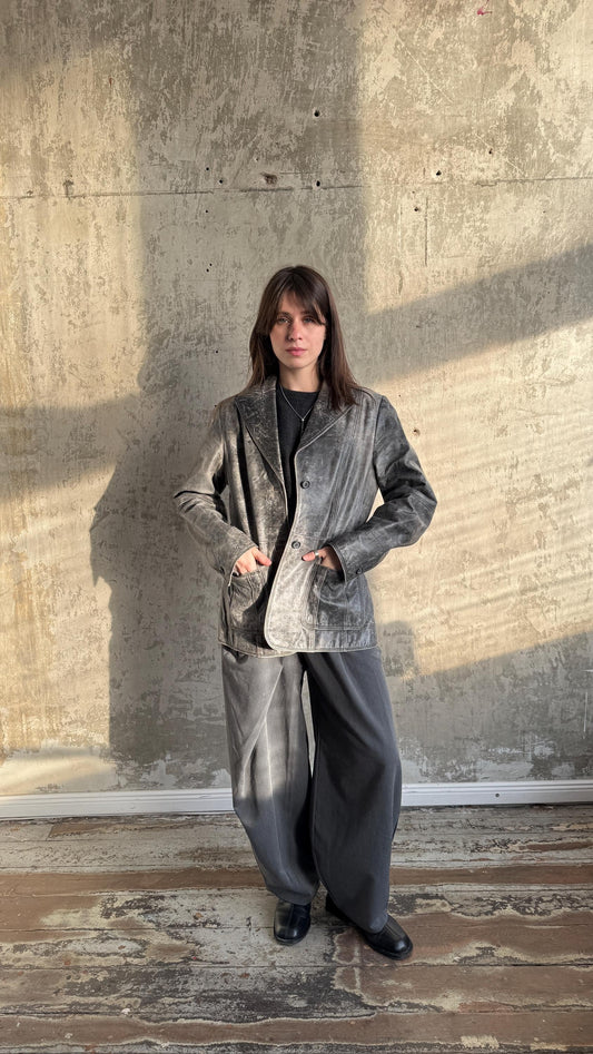 Vintage 90s Burnt Boxy Leather Jacket In Black/Grey