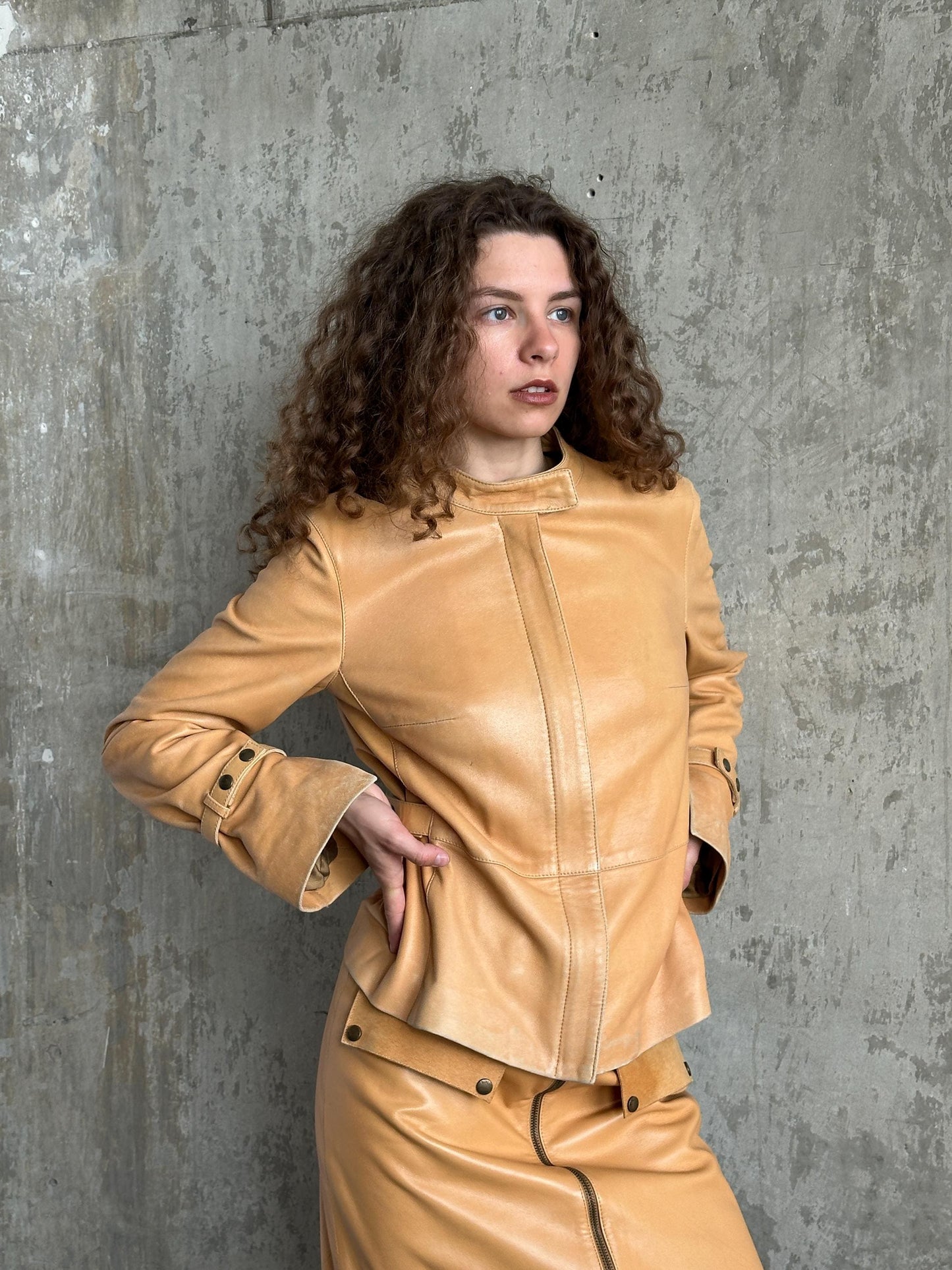 Vintage 90s Camel Tan Leather Suit | Jacket & Zip Skirt Set in Brown