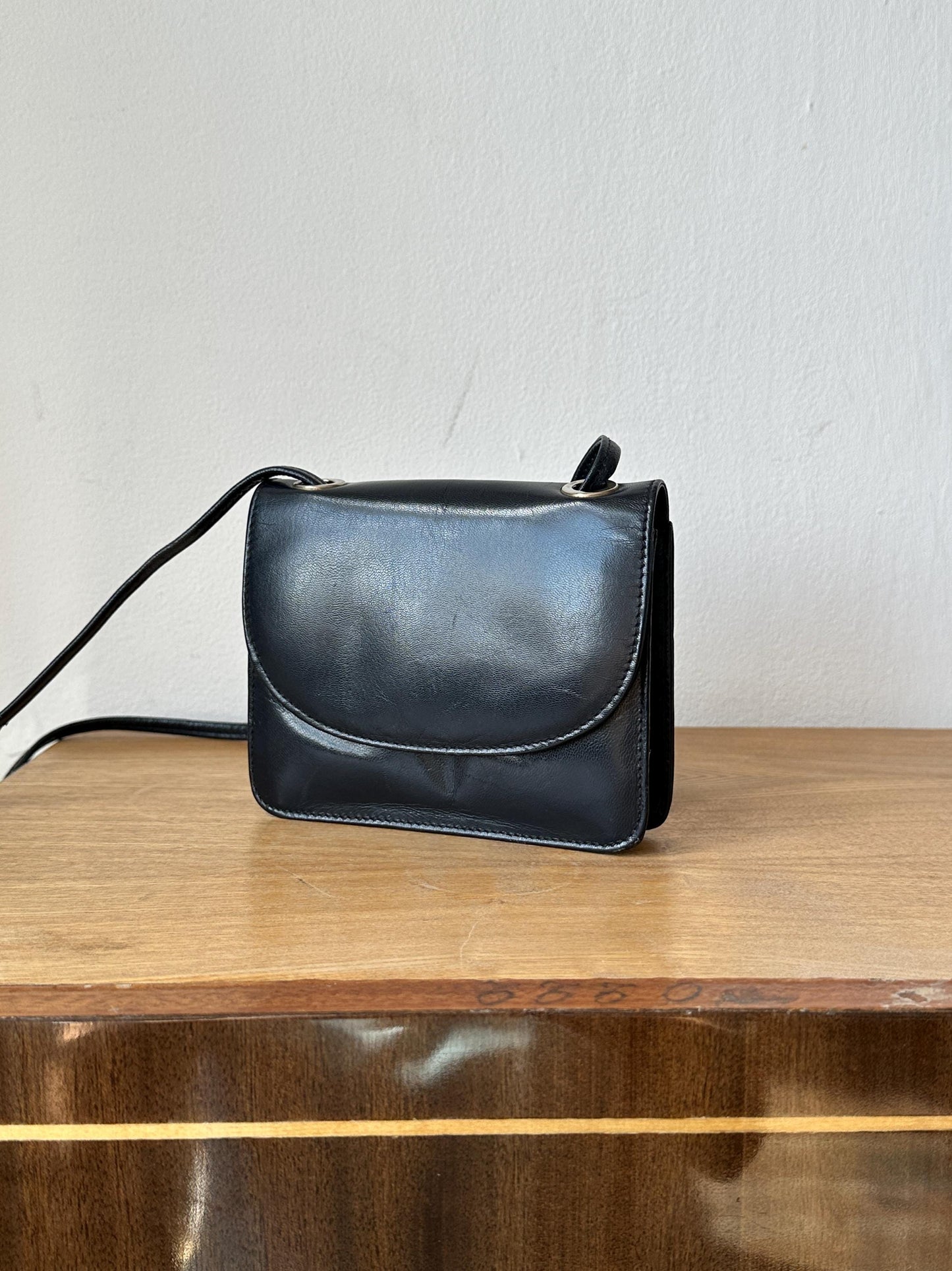 Vintage Black Leather Mini Crossbody Bag | Structured Flap Bag