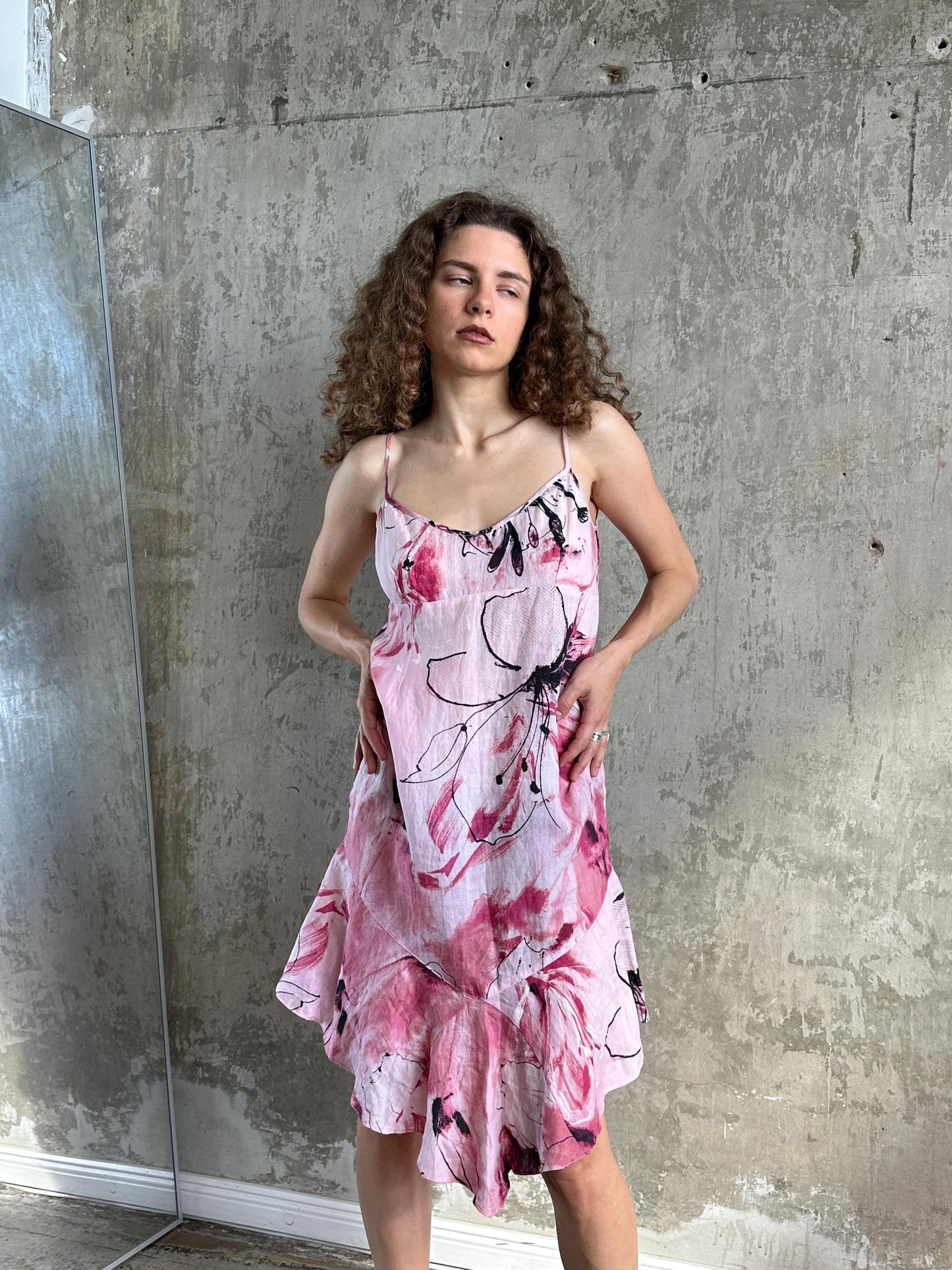 Vintage Floral Slip Linen Dress in Pink