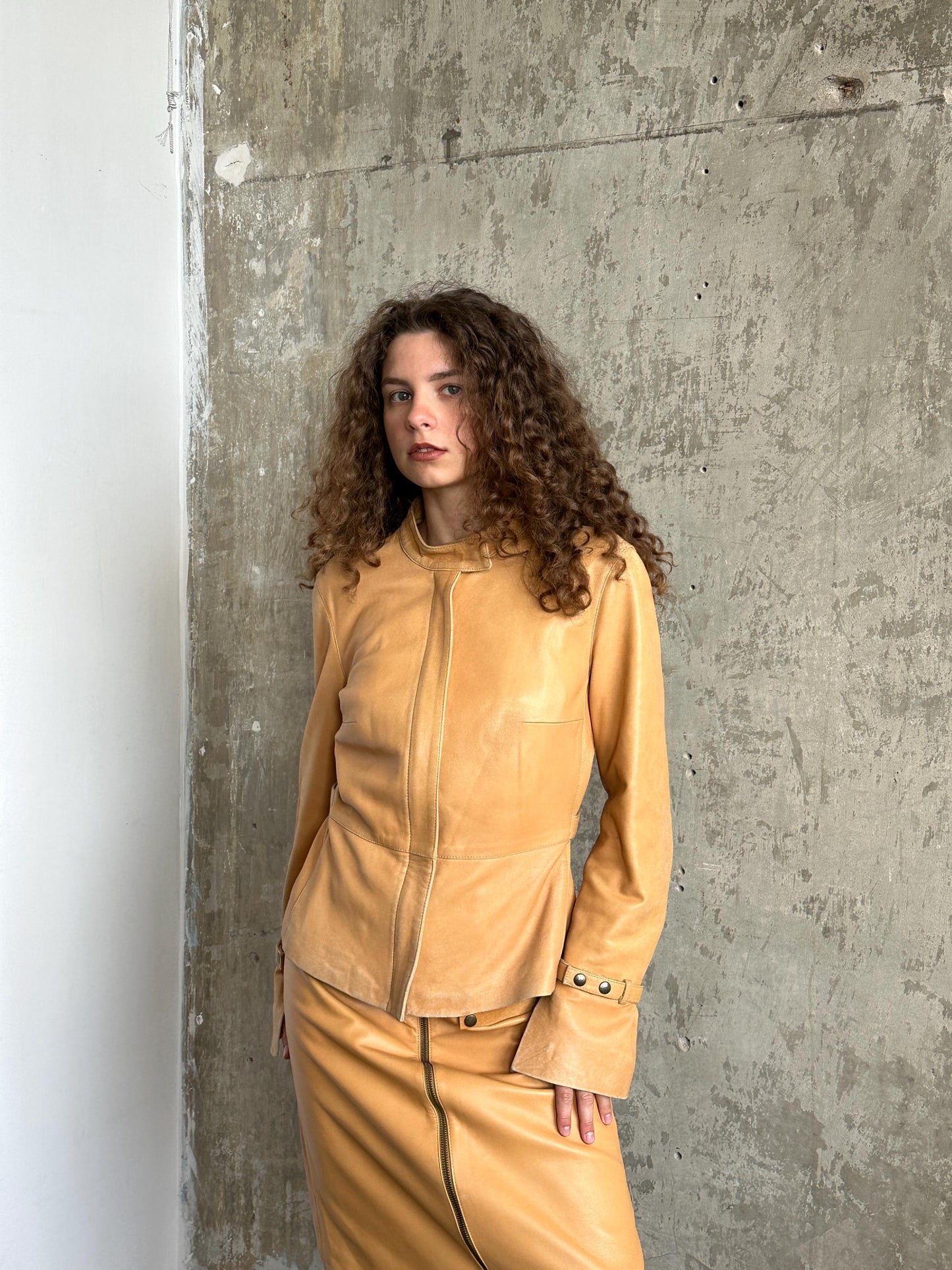 Vintage 90s Camel Tan Leather Suit | Jacket & Zip Skirt Set in Brown