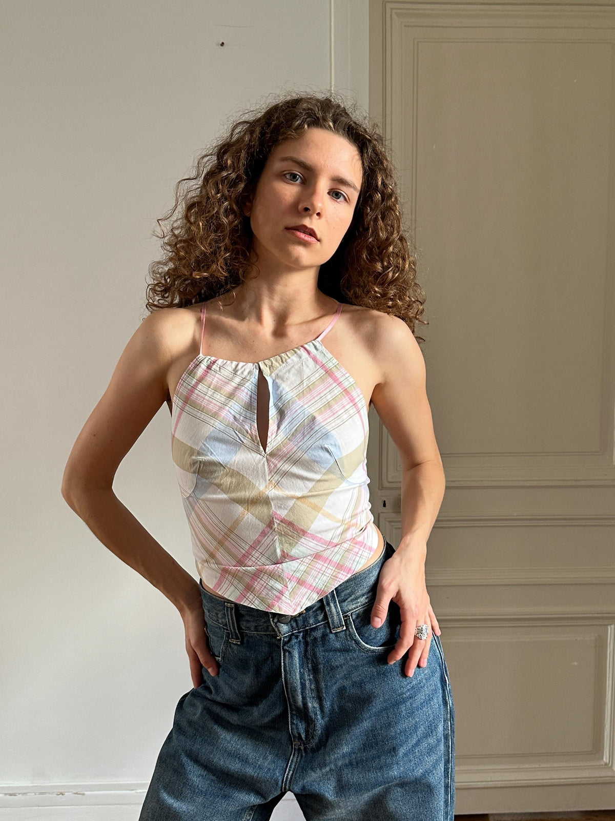 Vintage Sisley Check Cotton Crop Halter Top in Pink