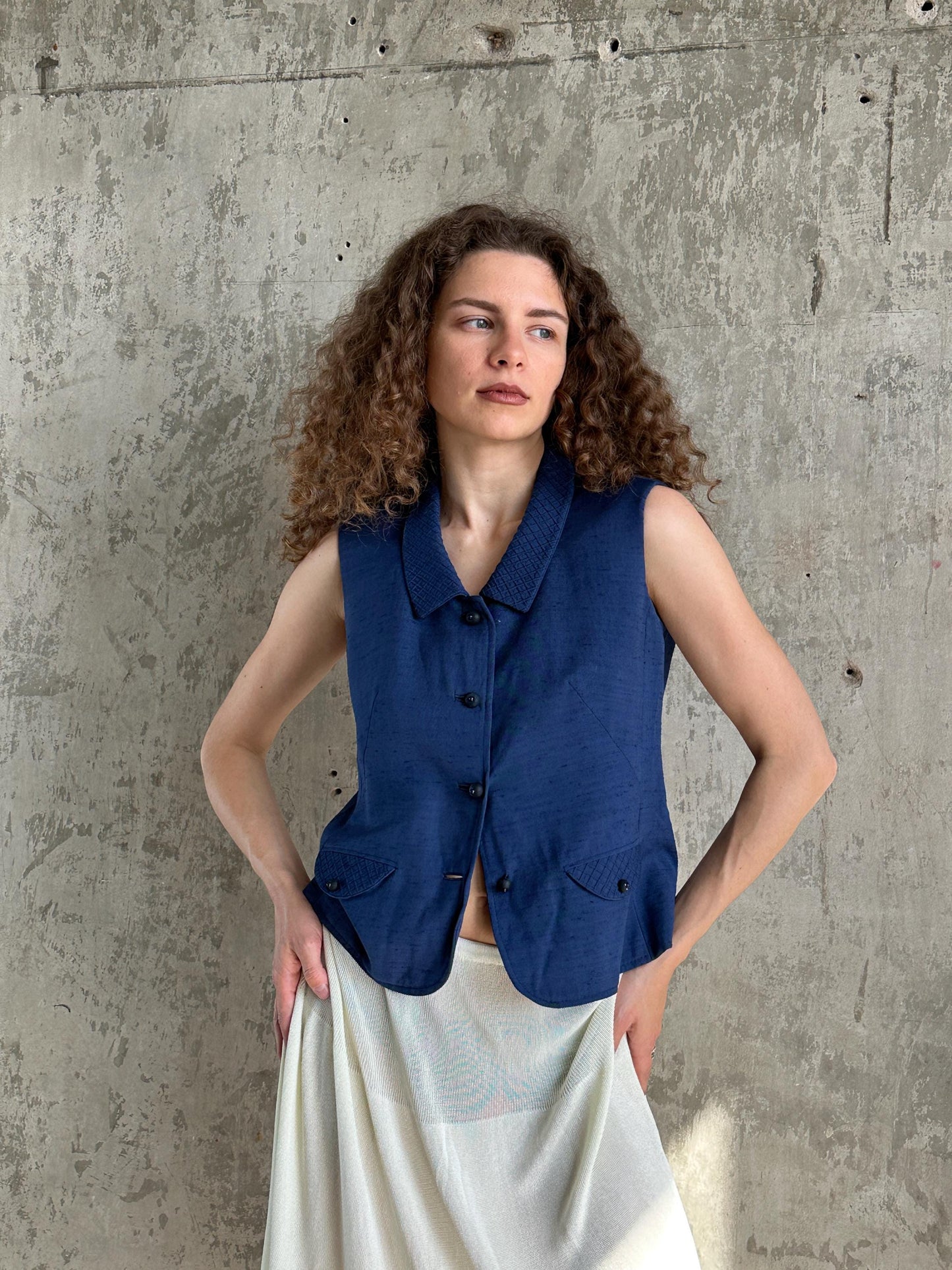 Vintage Italian Blue Linen Waistcoat Vest