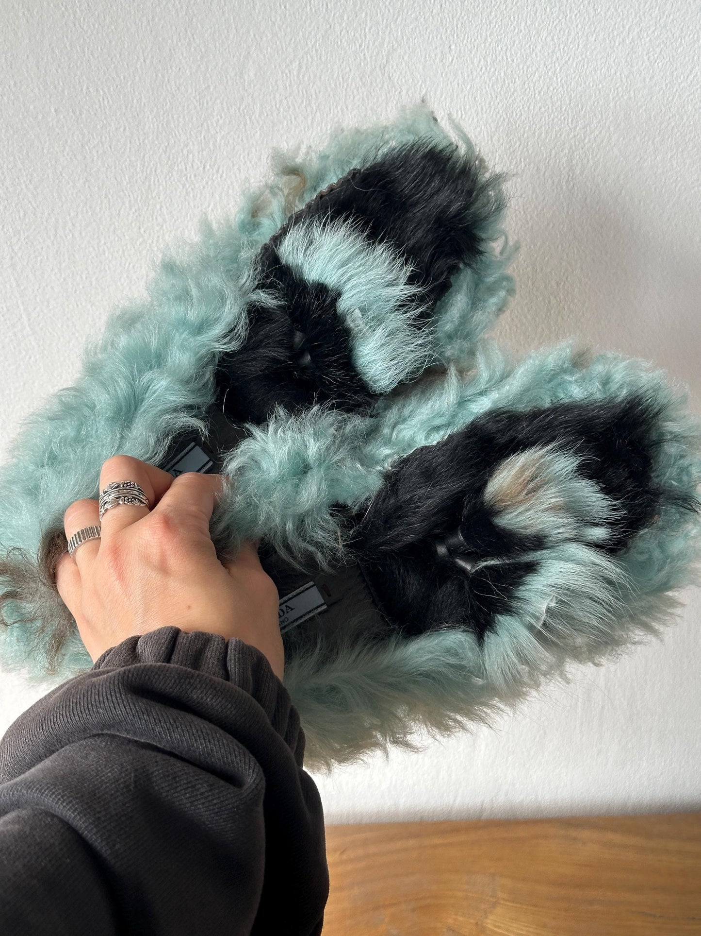 Vintage Prada Milano Shearling Fur Slipper | Mint Green & Black Furry Slides | US 6