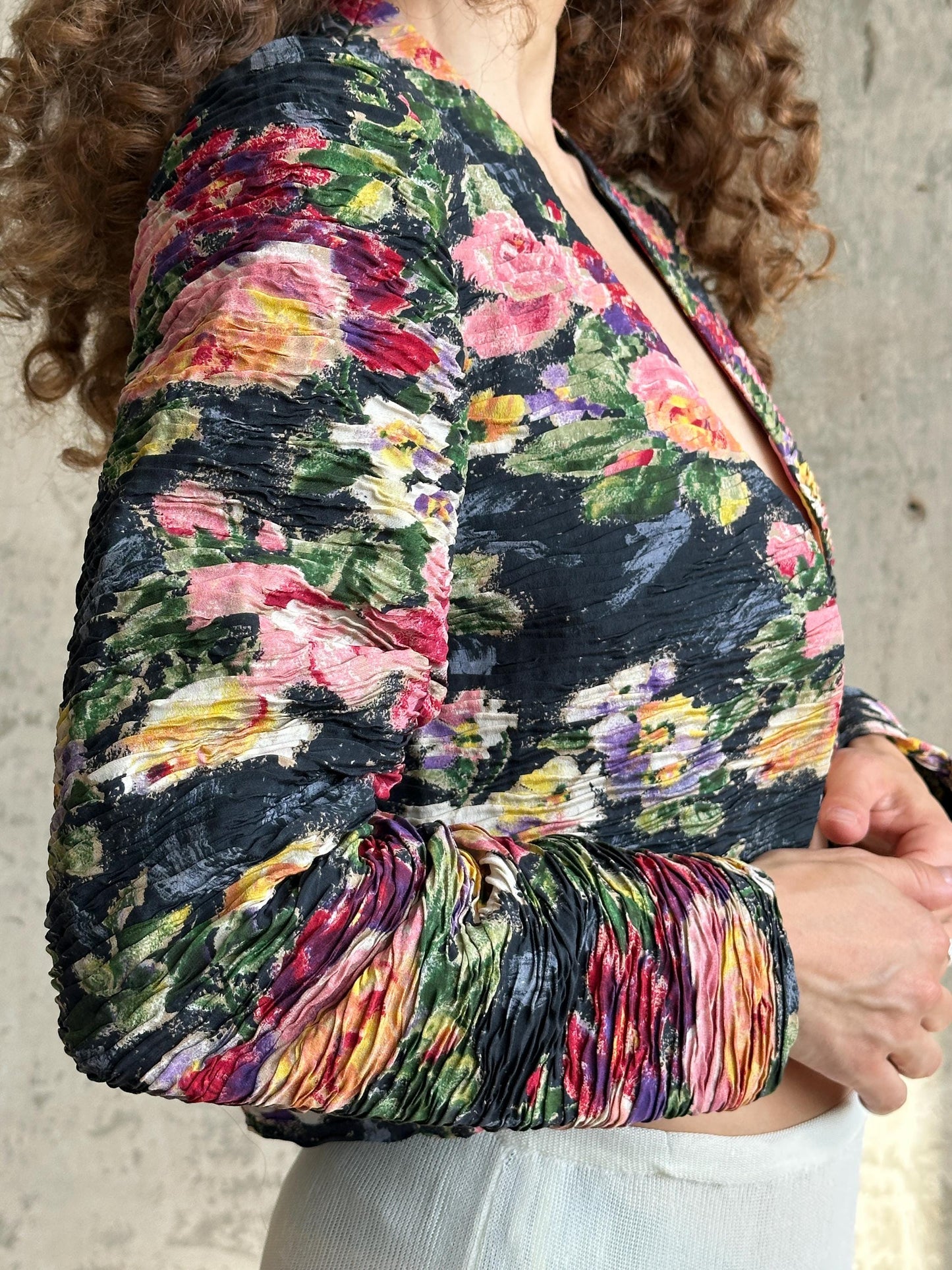 Vintage Max Mara Floral Pleated Bolero Jacket in Green and Pink