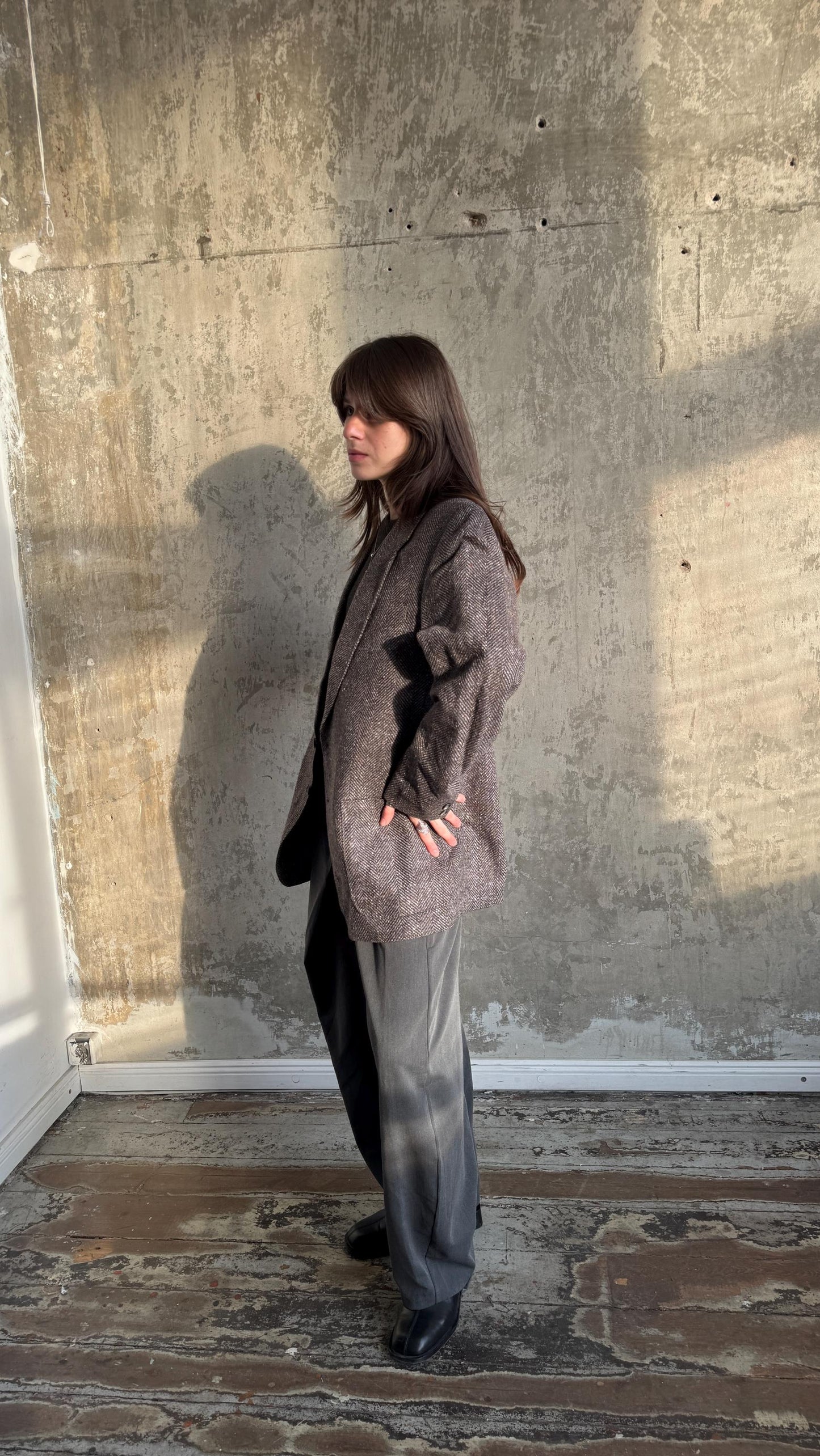 Vintage 90s Classic Herringbone Wool Blazer In Grey