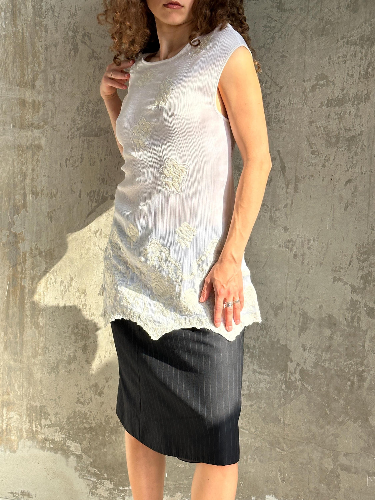 Vintage White Silk Floral Tunic | Embroidered Romantic Dress