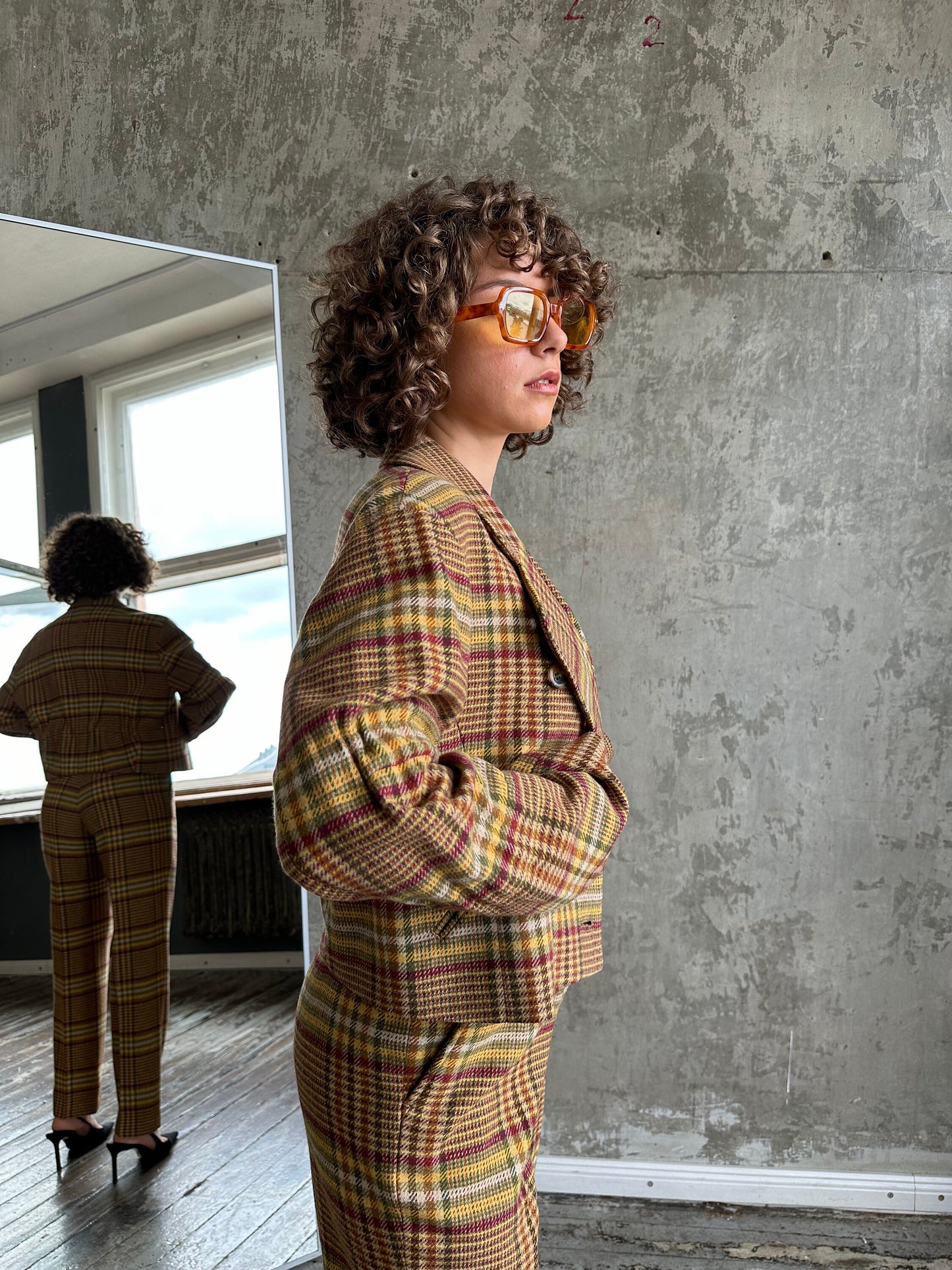 Archive 80s ISSEY MIYAKE SPORT wool check tweed suit in brown