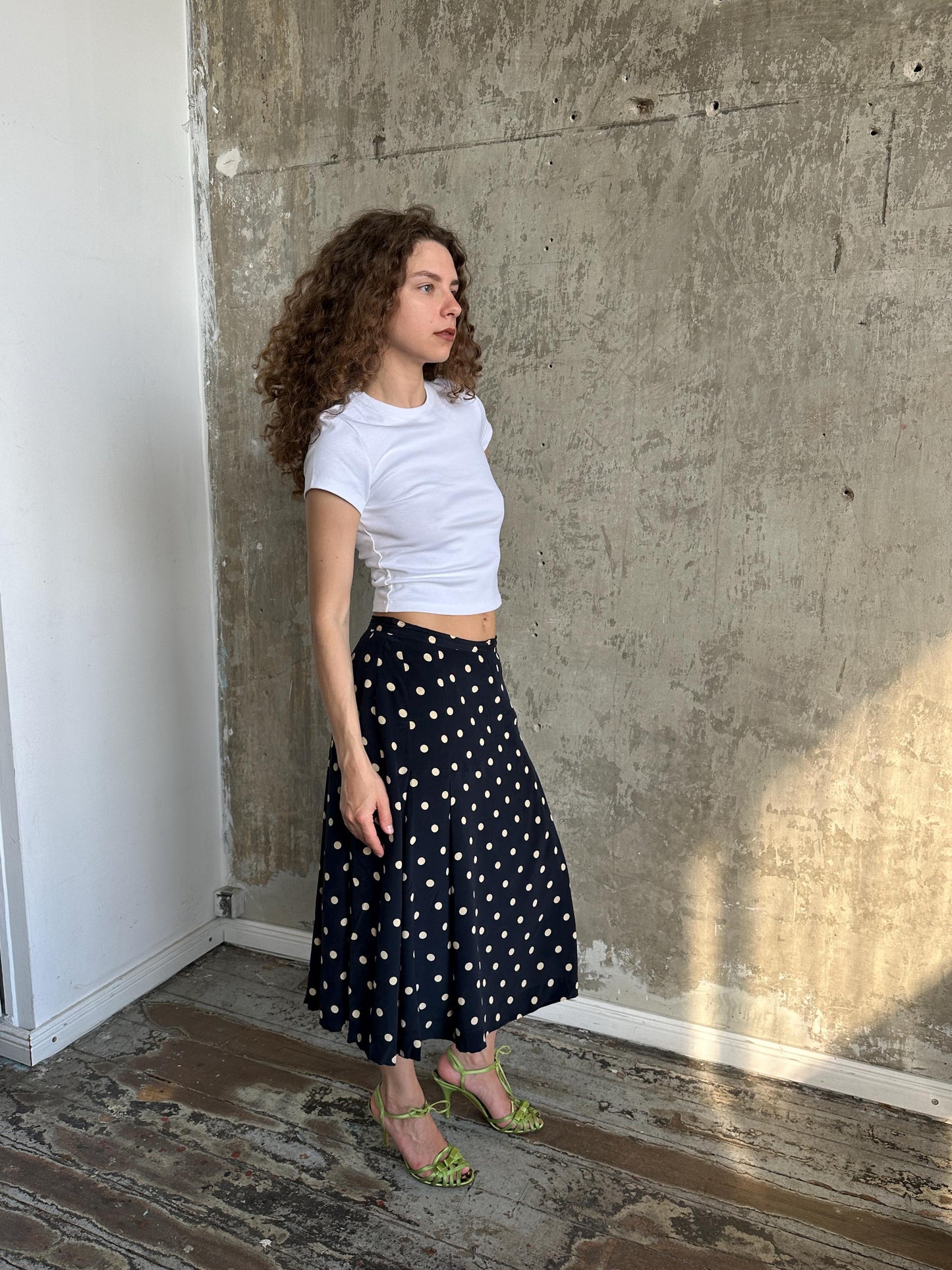 Vintage 90s Italian Silk Polka Dot Maxi Skirt in Black and White