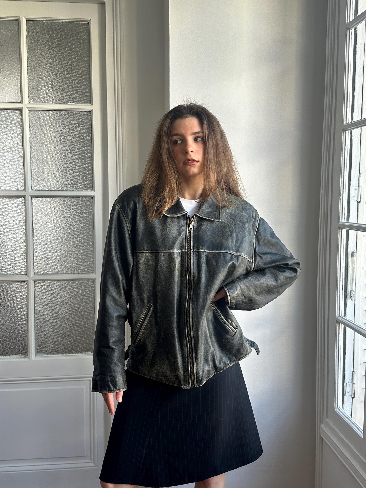Vintage Distressed Leather Bomber Jacket in Black
