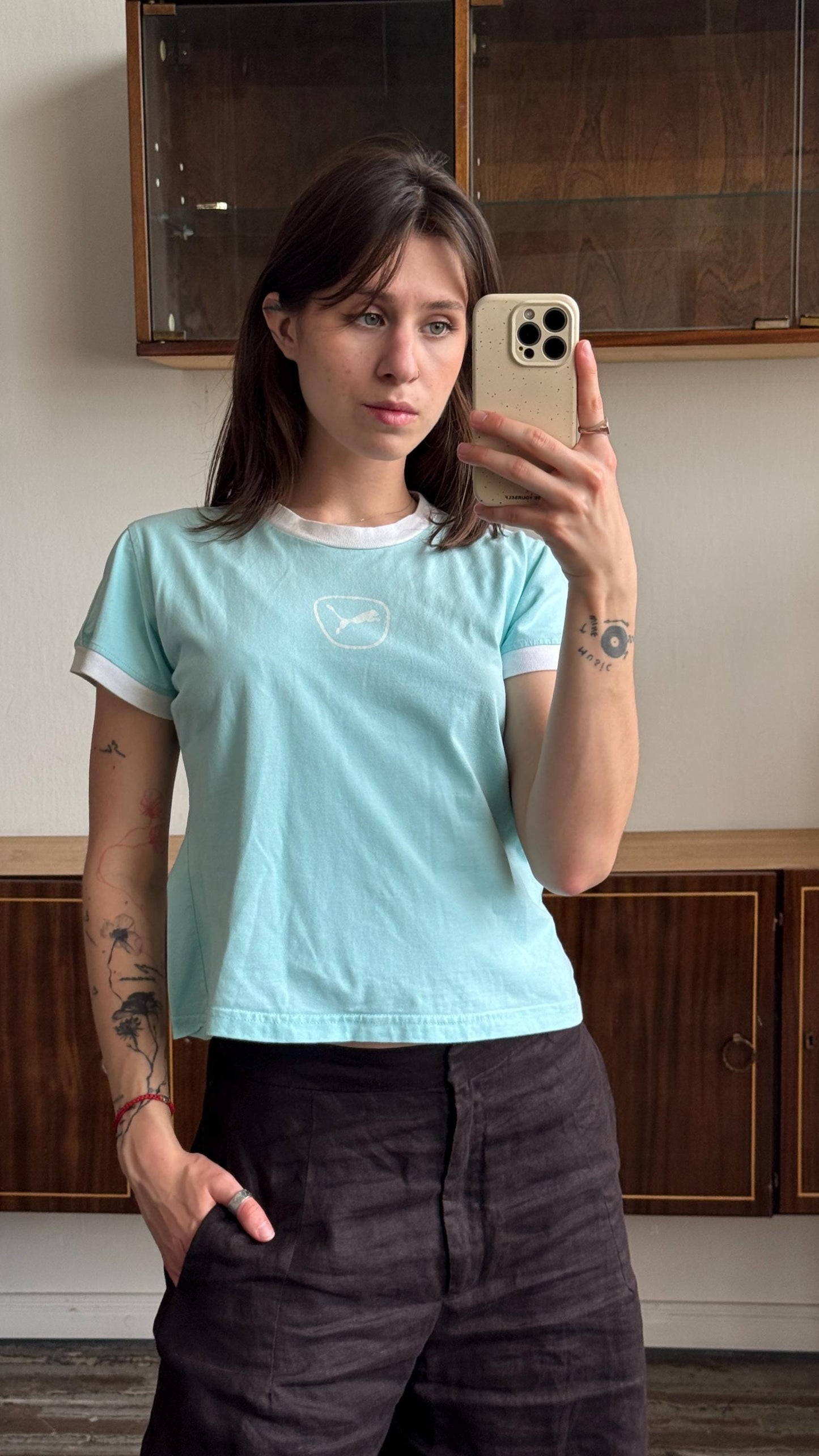Vintage PUMA micro t-shirt in baby blue with logo