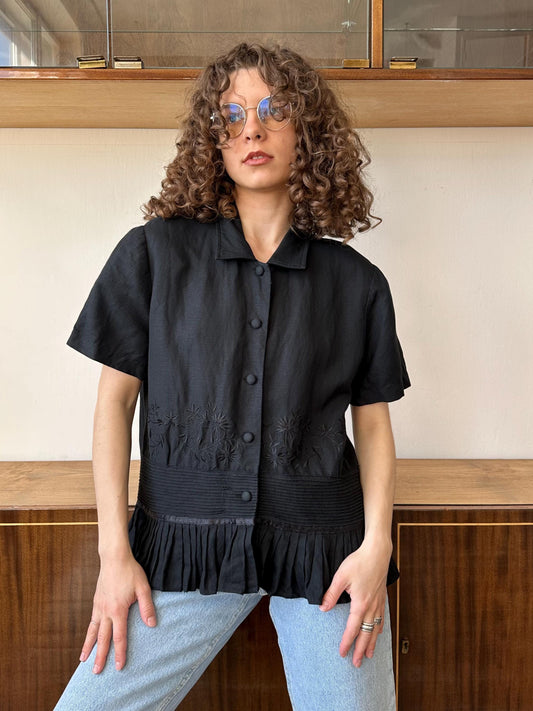 Vintage blouse in black with floral motif, linen summer top