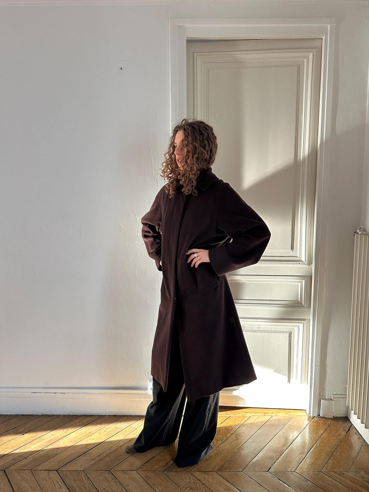 Vintage Les Copains Long Wool Angora Cashmere Coat in Chocolate Brown