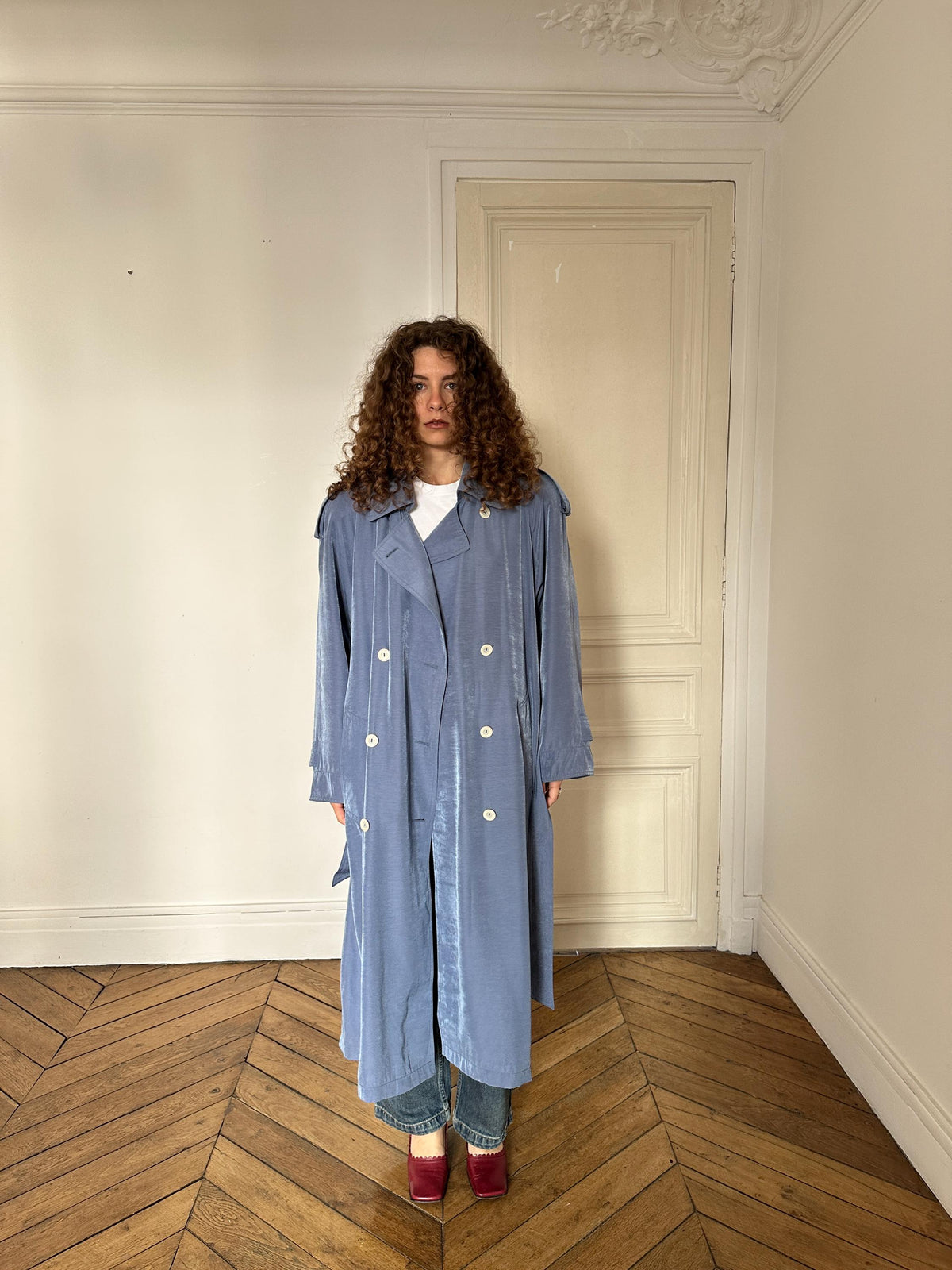 Vintage Cloudy Blue Long Trench Coat