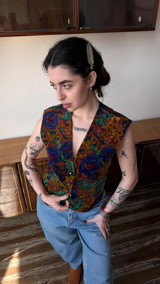 Vintage Floral Velvet Vest, Baroque Brocade Boho Waistcoat Top