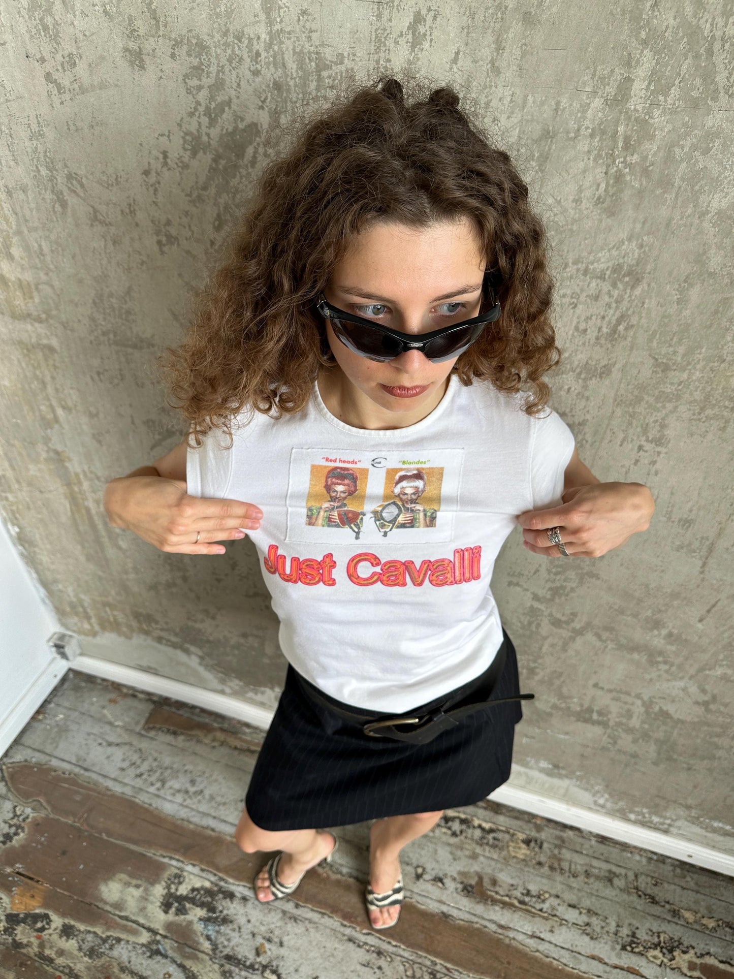 Vintage Just Cavalli White Graphic Baby Tee | Y2K Cotton Micro T-Shirt