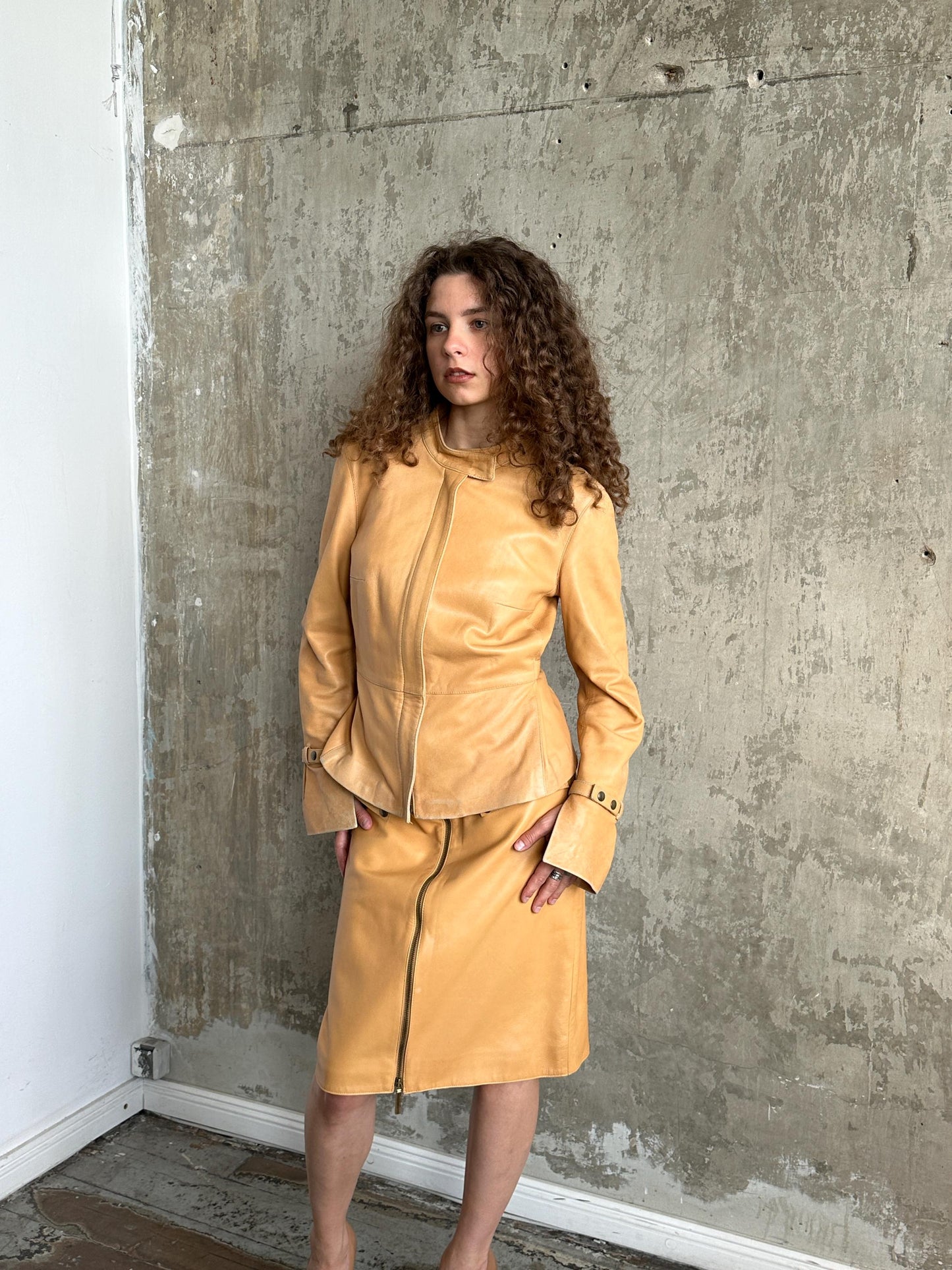 Vintage 90s Camel Tan Leather Suit | Jacket & Zip Skirt Set in Brown