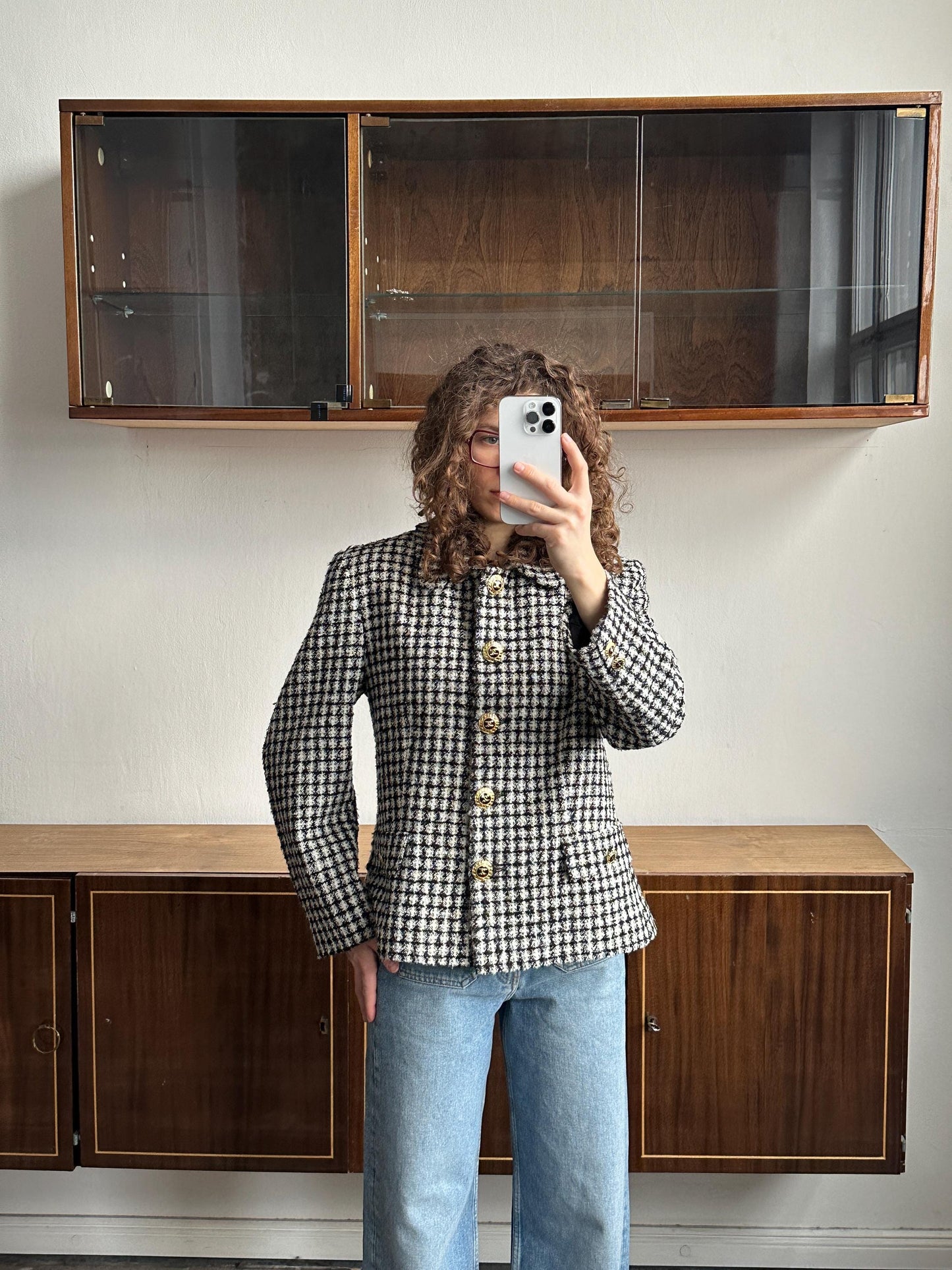 Vintage 80s Checked Tweed Blazer In Black & White